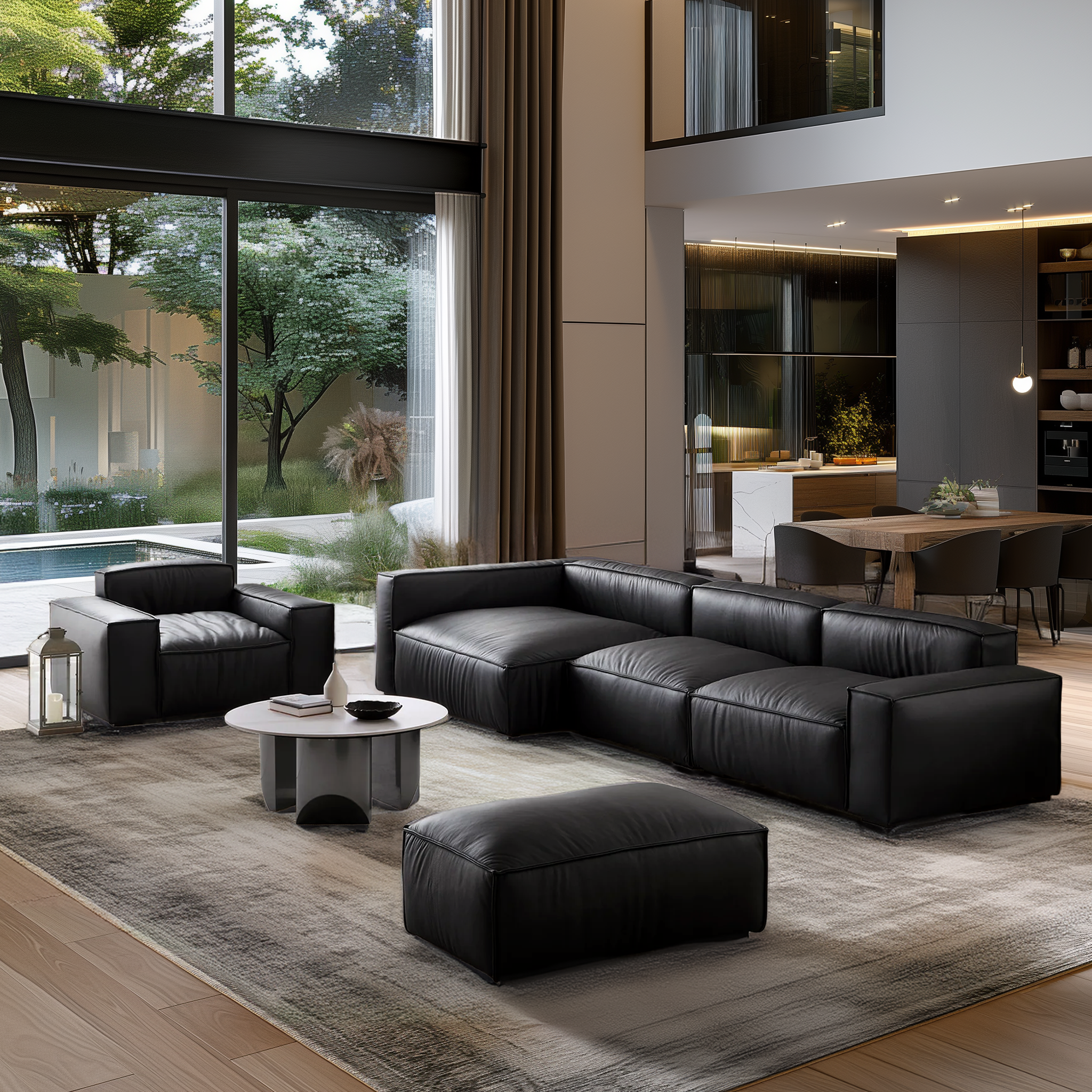 Ensemble de canapés sectionnels de luxe minimalistes en cuir noir