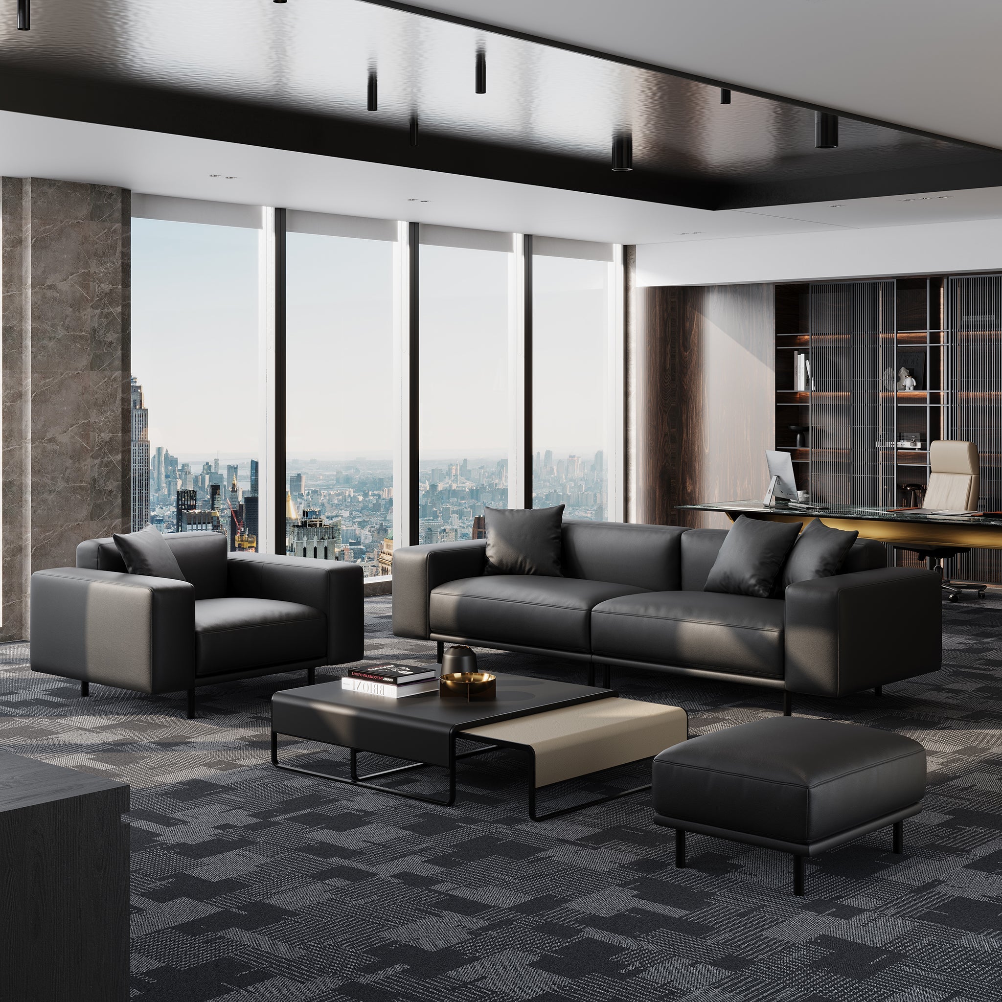 Noble Dark Gray Leather Sofa and Ottoman