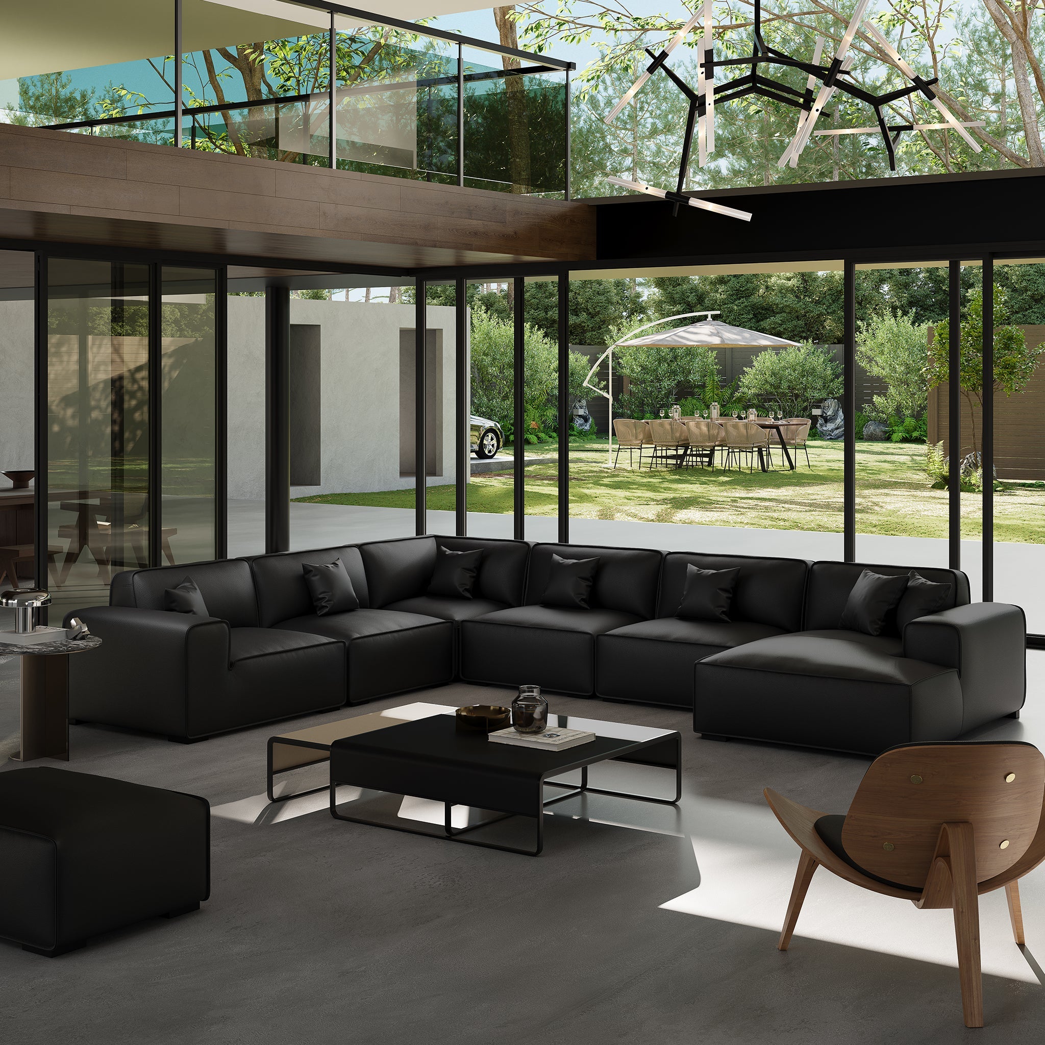 Domus Modular Black Leather U-Shaped Sectional