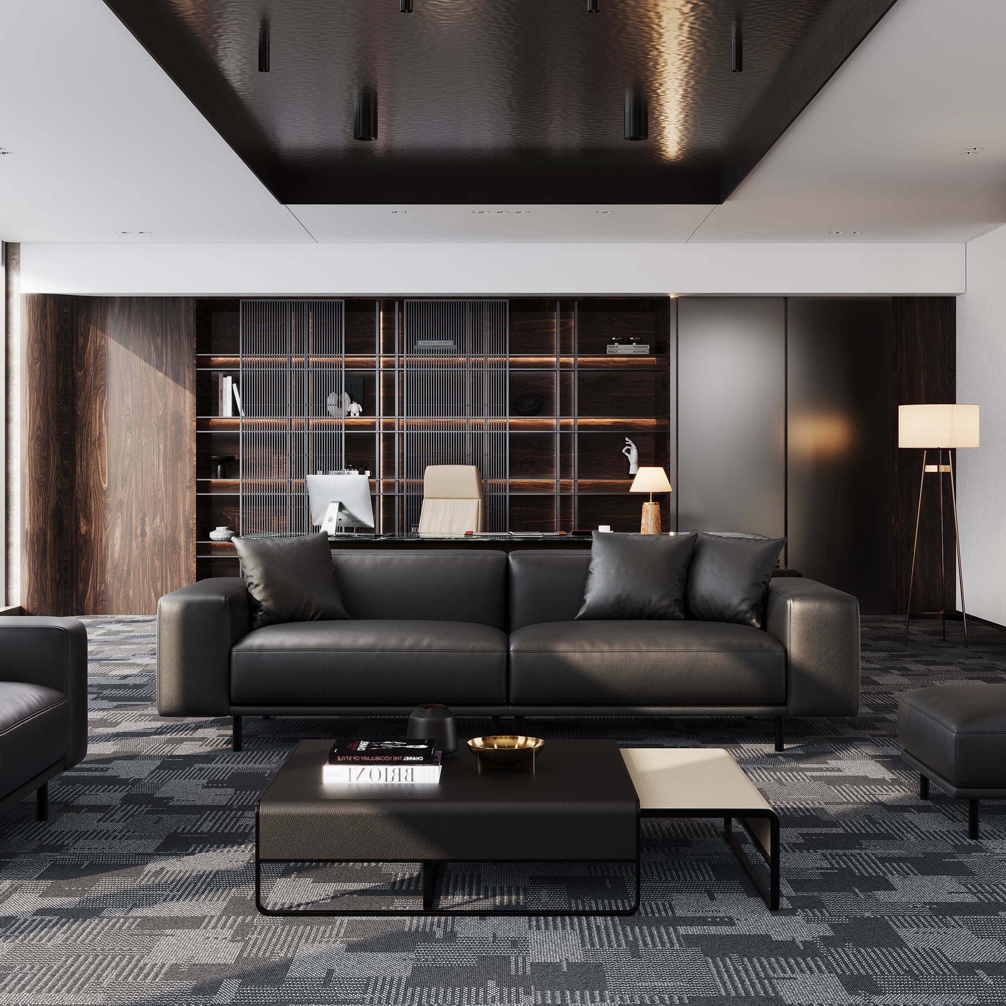 Noble Dark Gray Leather Sofa and Ottoman