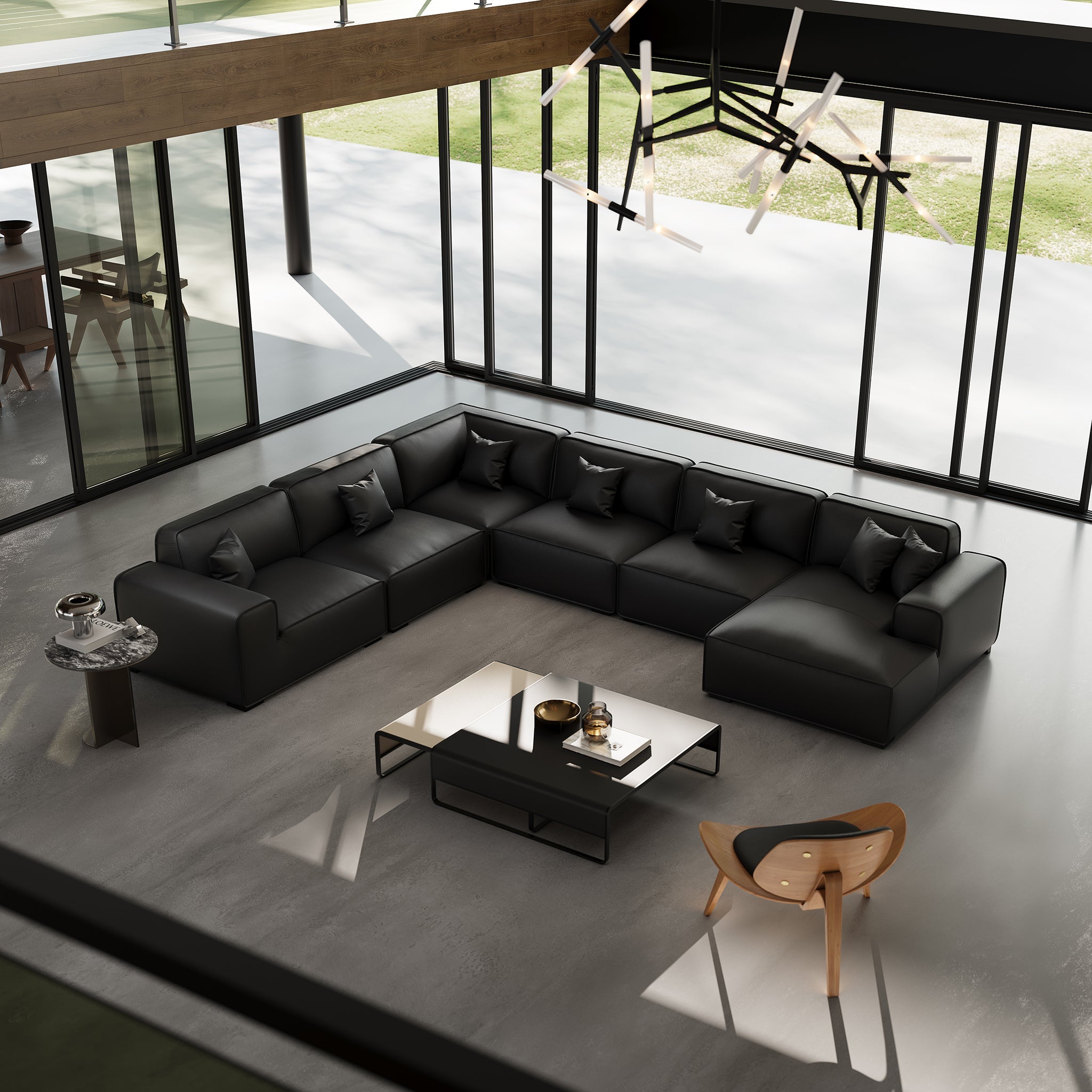 Domus Modular Black Leather U-Shaped Sectional