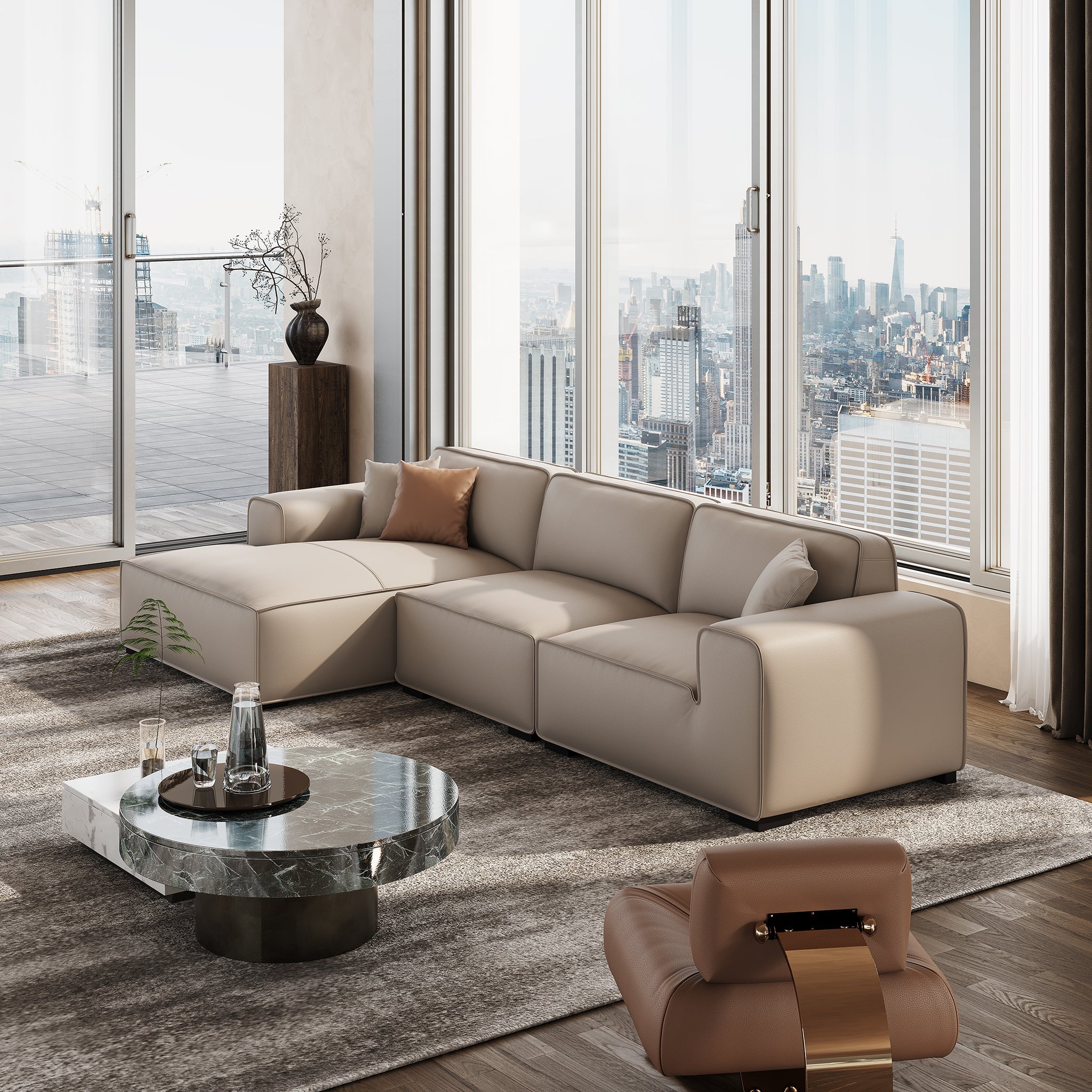 Domus Modular Beige Leather Sectional Sofa