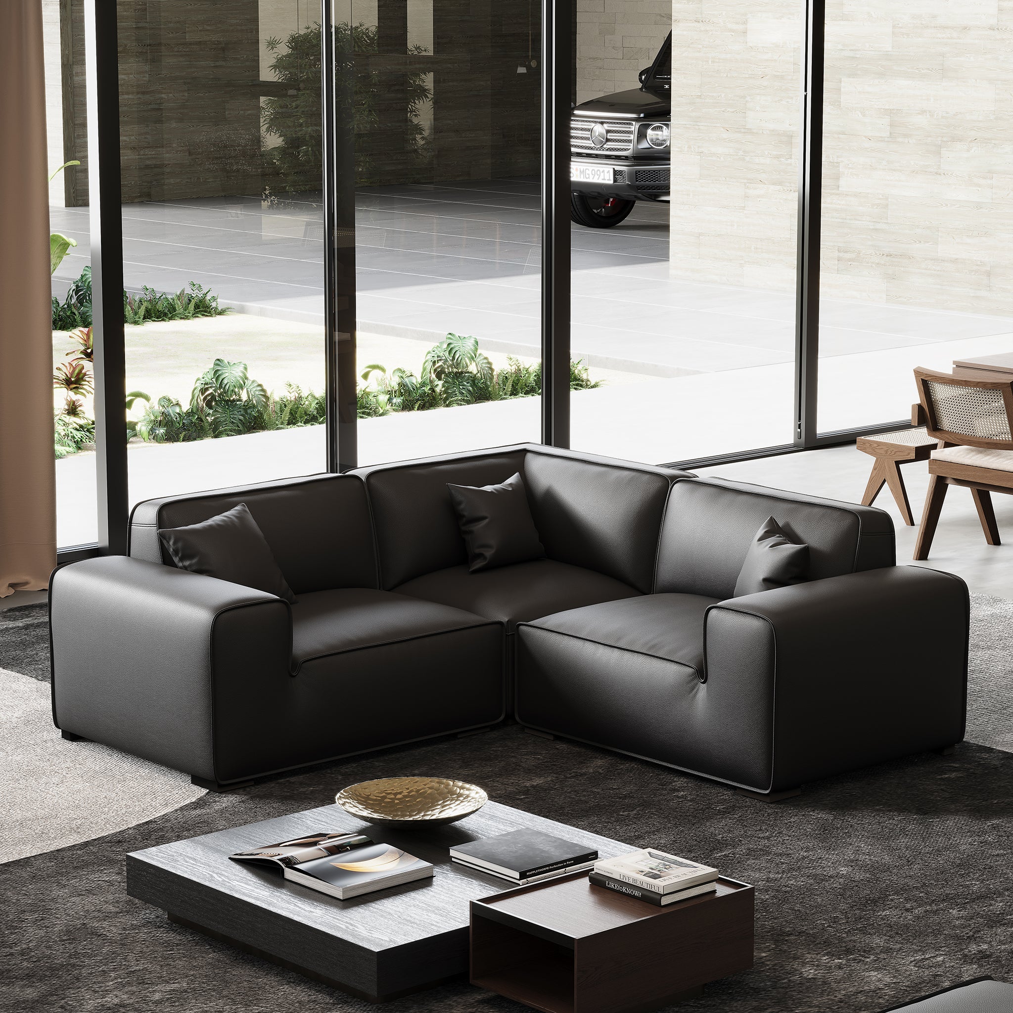 Domus Modular Black Leather L-Shaped Sectional