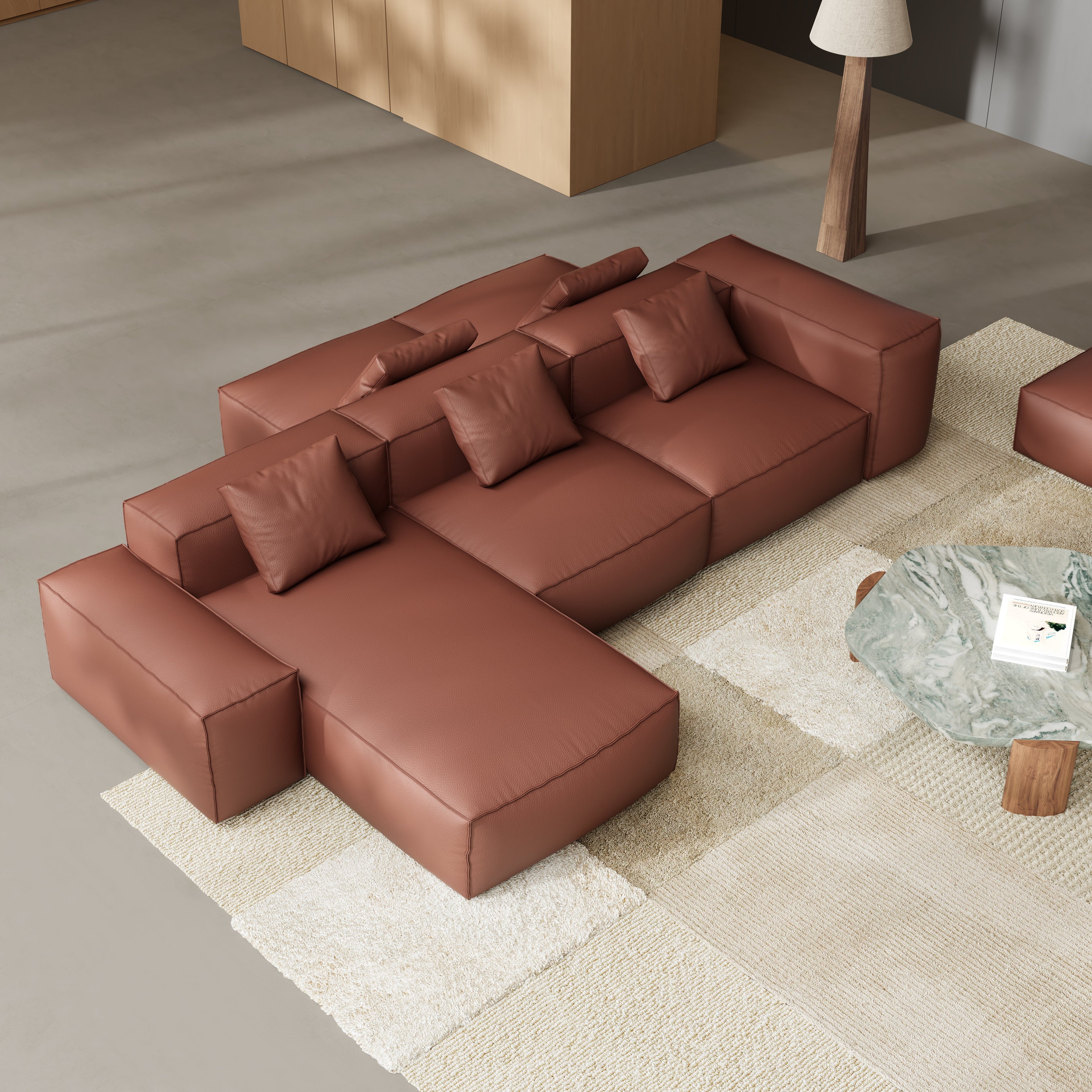 Cube Modular Beige Genuine Leather Double-Sided Sectional