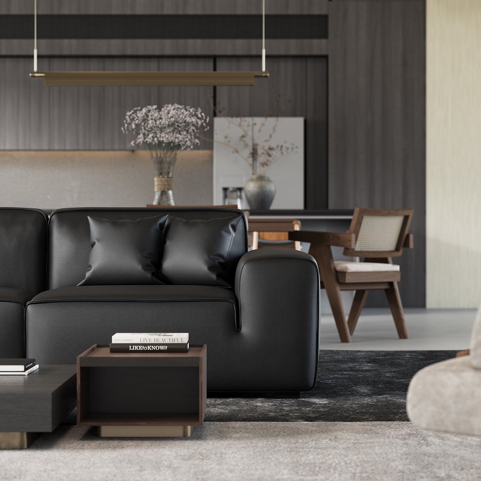 Domus Modular Black Leather Sofa