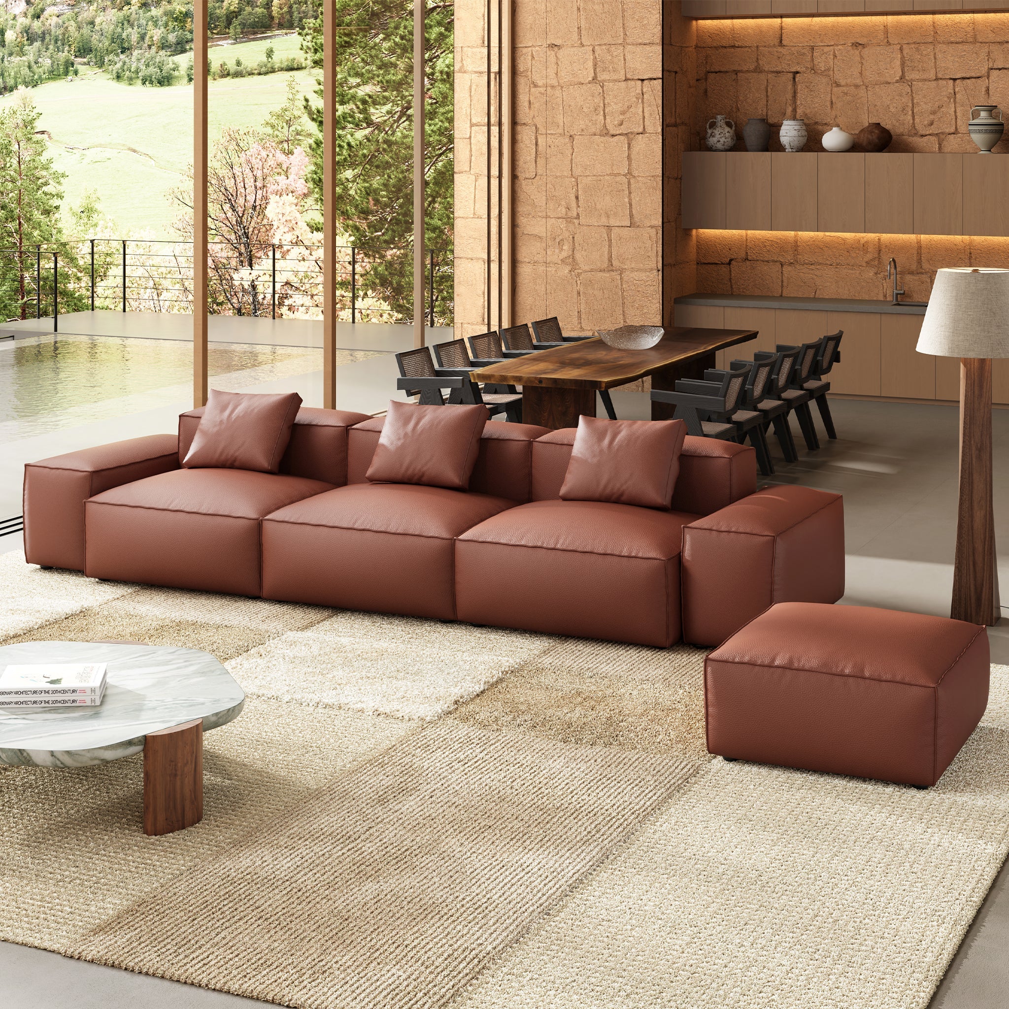 Cube Modular Brown Genuine Leather Sofa with Ottoman