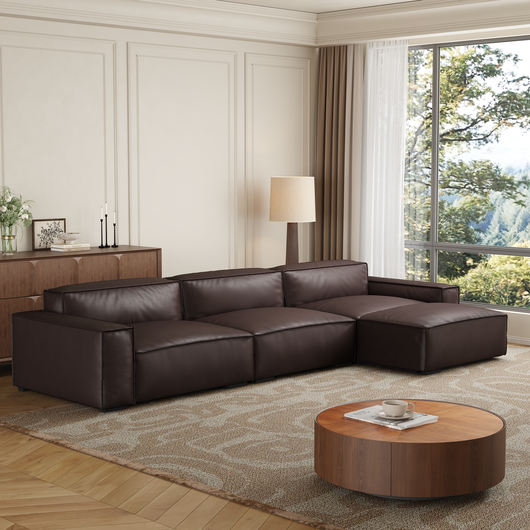 Canapé et pouf de luxe minimalistes en cuir marron foncé