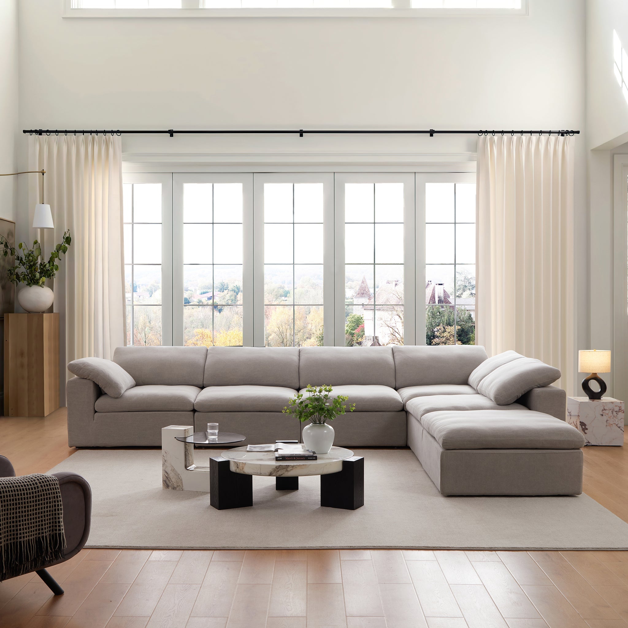 Tender Wabi-Sabi White L-Shaped Sectional and Ottoman