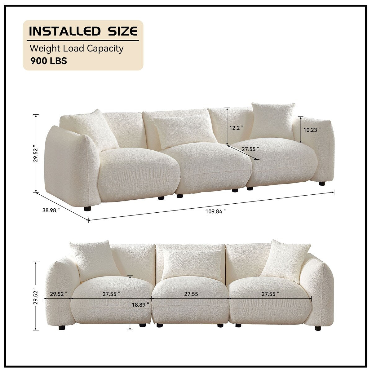 Canapé sectionnel blanc rembourré et confortable en duvet d'agneau doux avec pouf