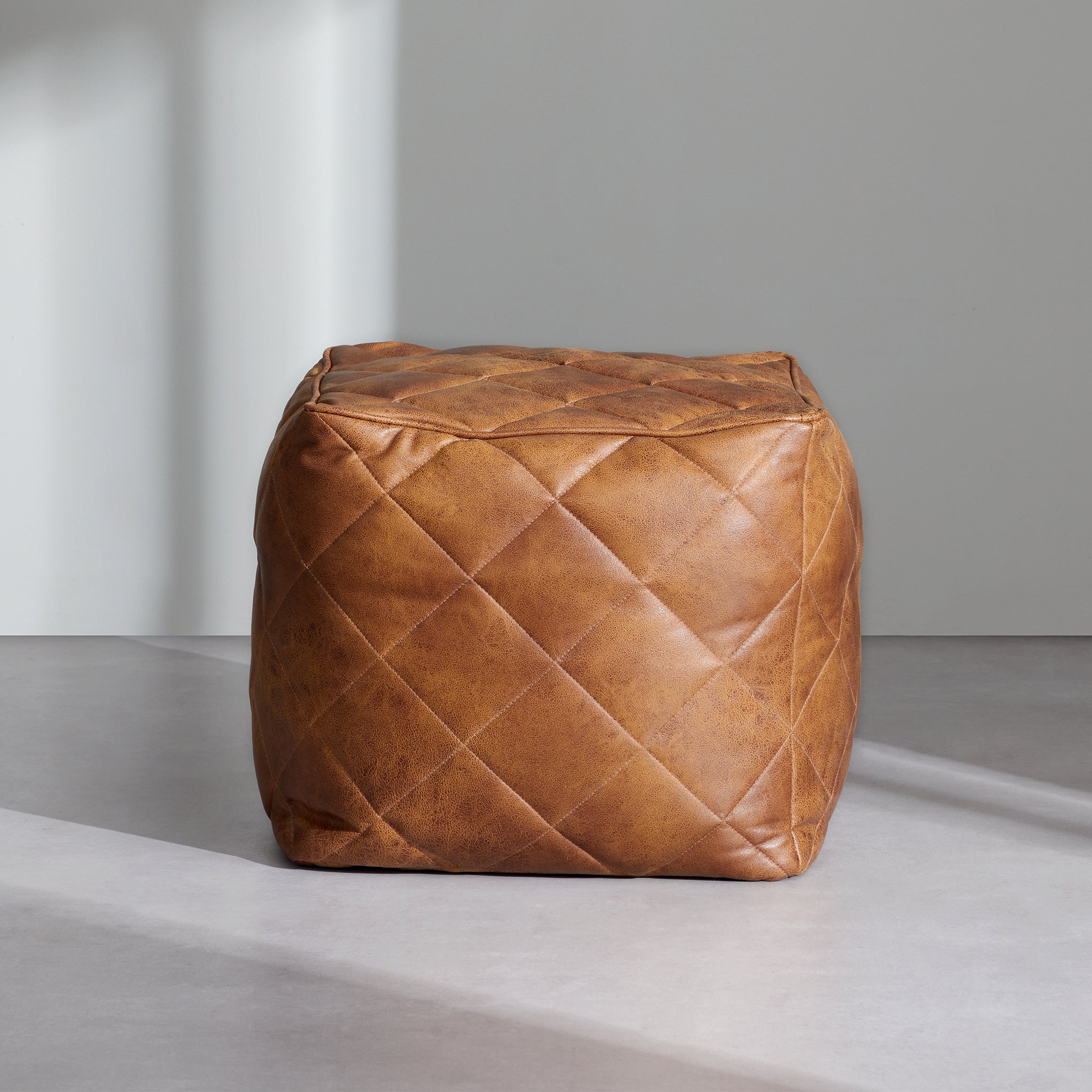 Waffle Tan Leathaire Square Pouf