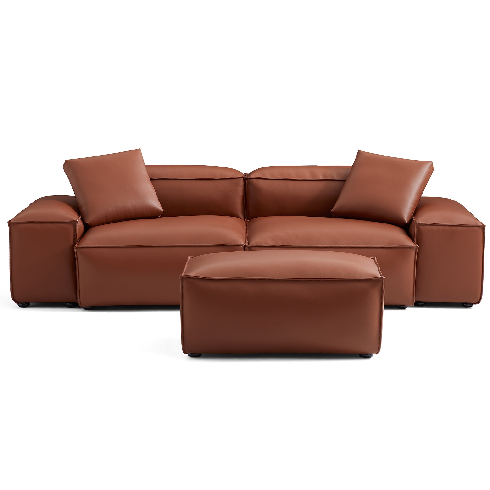 Cube Modular Brown Genuine Leather Sofa with Ottoman