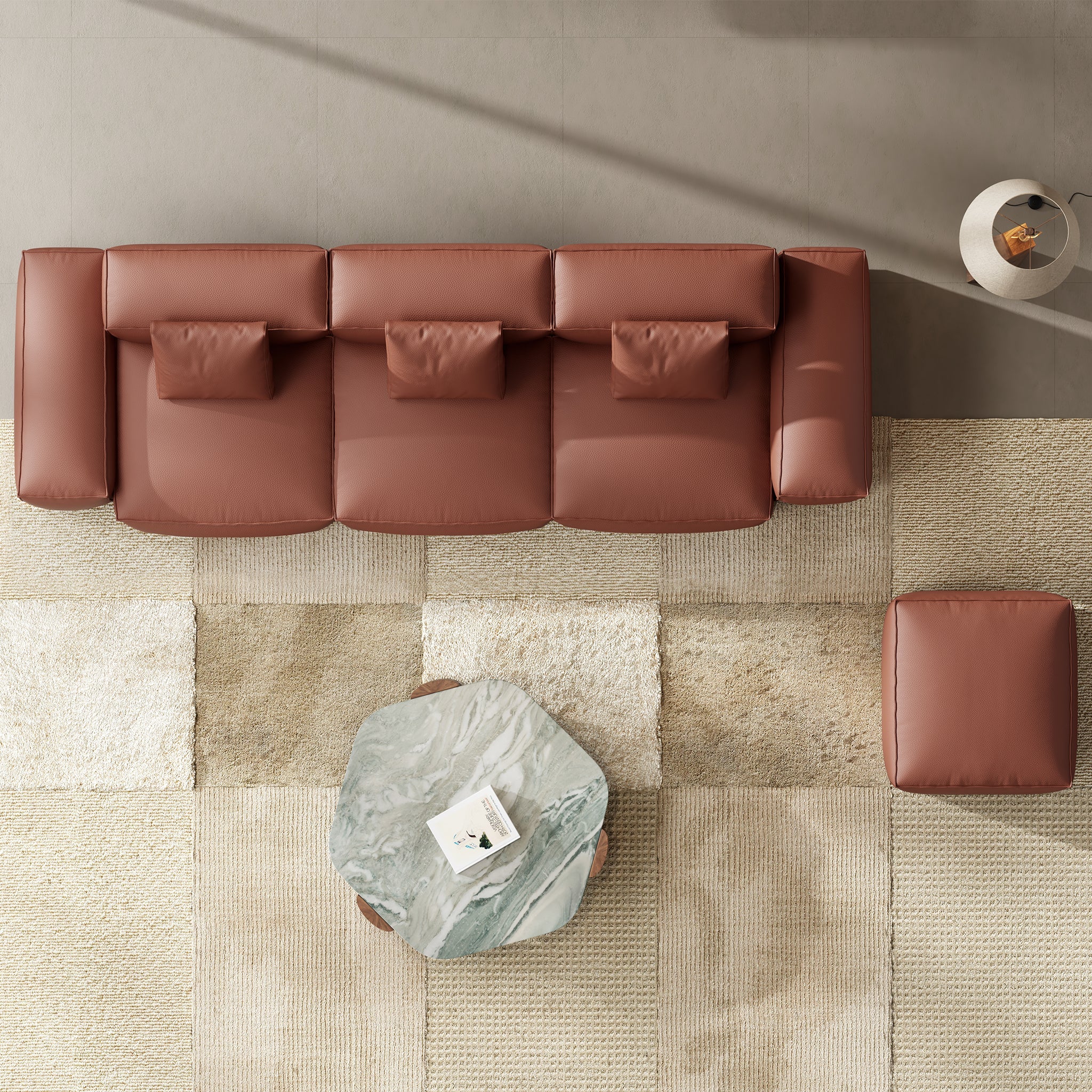 Cube Modular Brown Genuine Leather Sofa with Ottoman