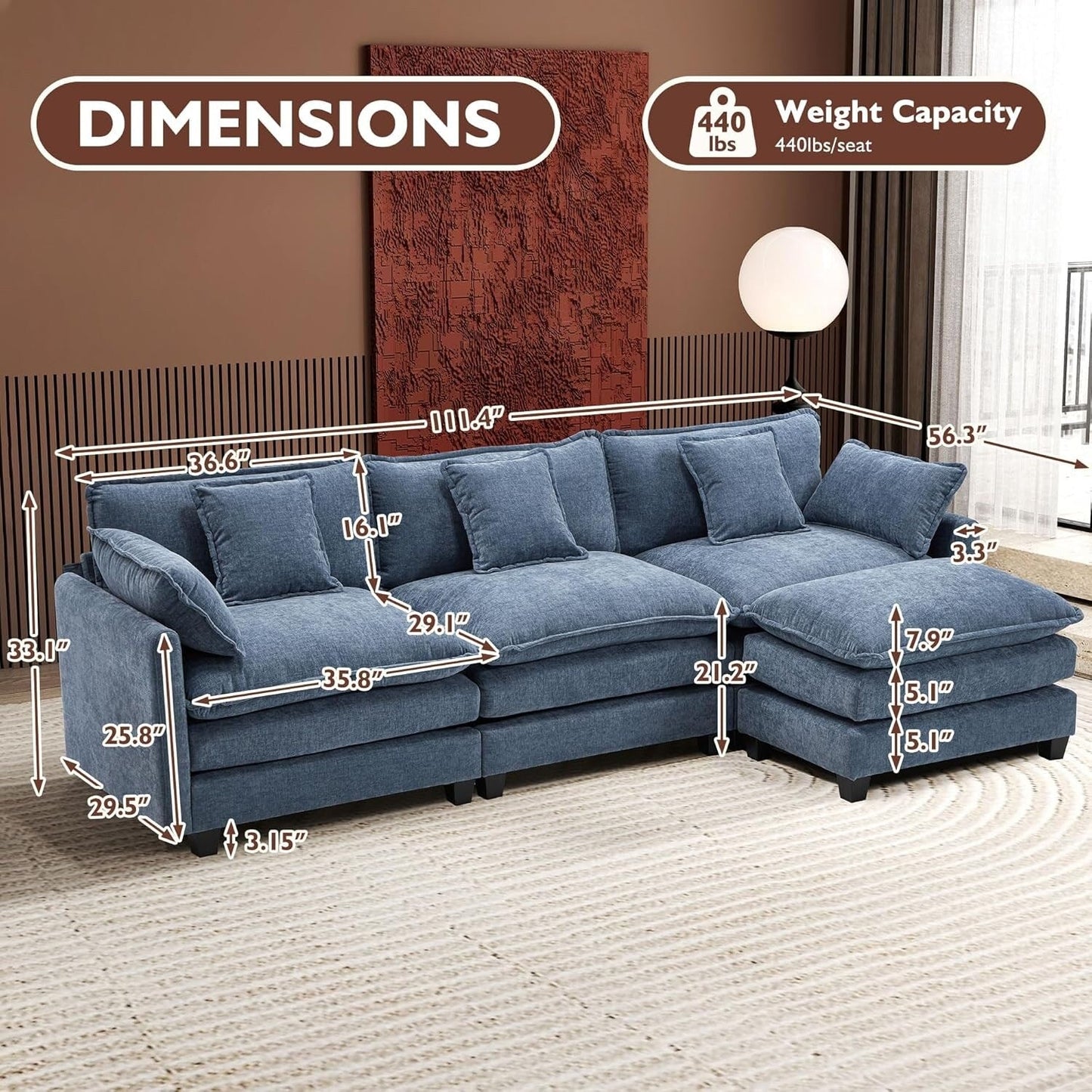 Canapé sectionnel Cloud en L avec pouf - Canapé 4 places en chenille pour salon