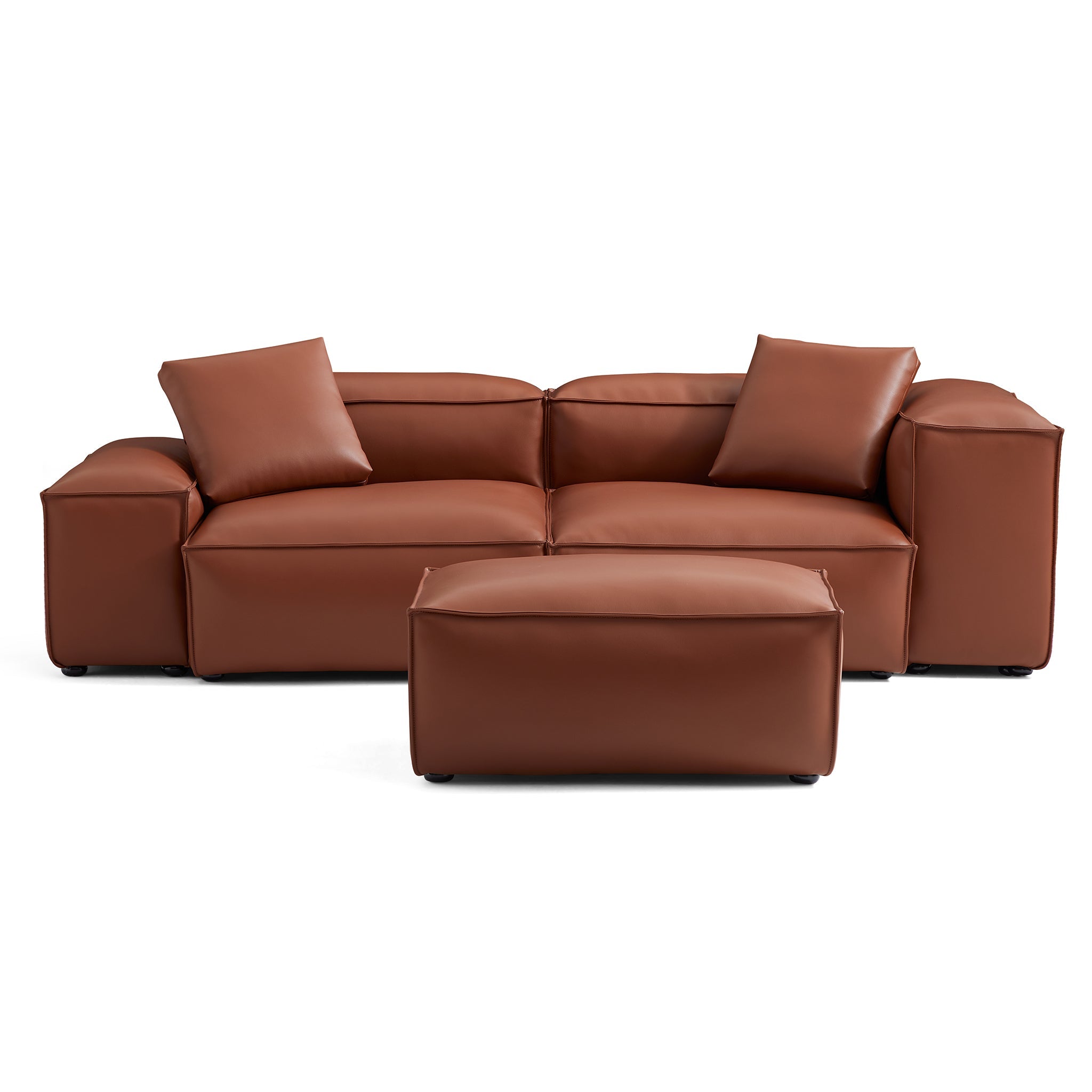 Cube Modular Brown Genuine Leather Sofa with Ottoman
