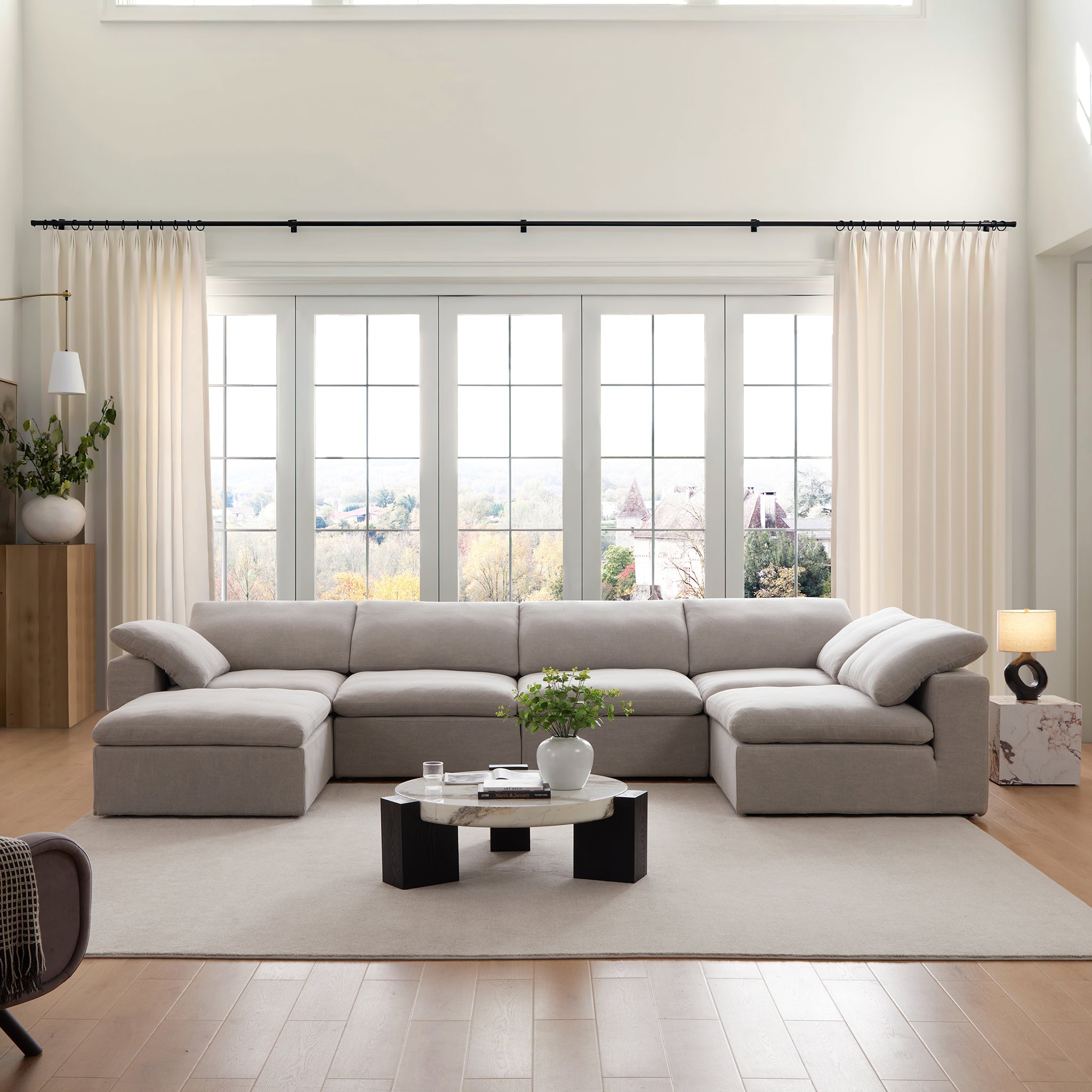 Tender Wabi-Sabi White L-Shaped Sectional and Ottoman