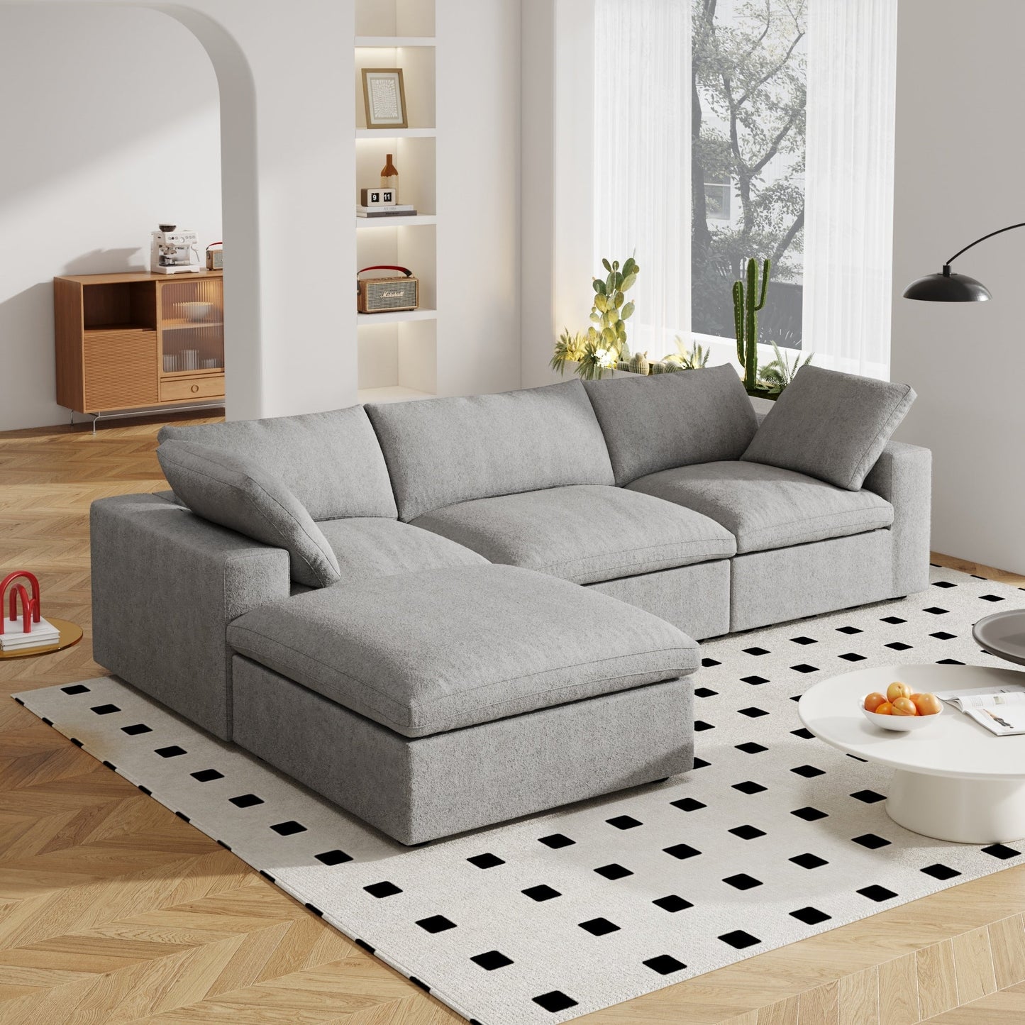 Canapé sectionnel moderne en forme de L de 120 pouces, canapé modulaire en lin avec pouf de rangement