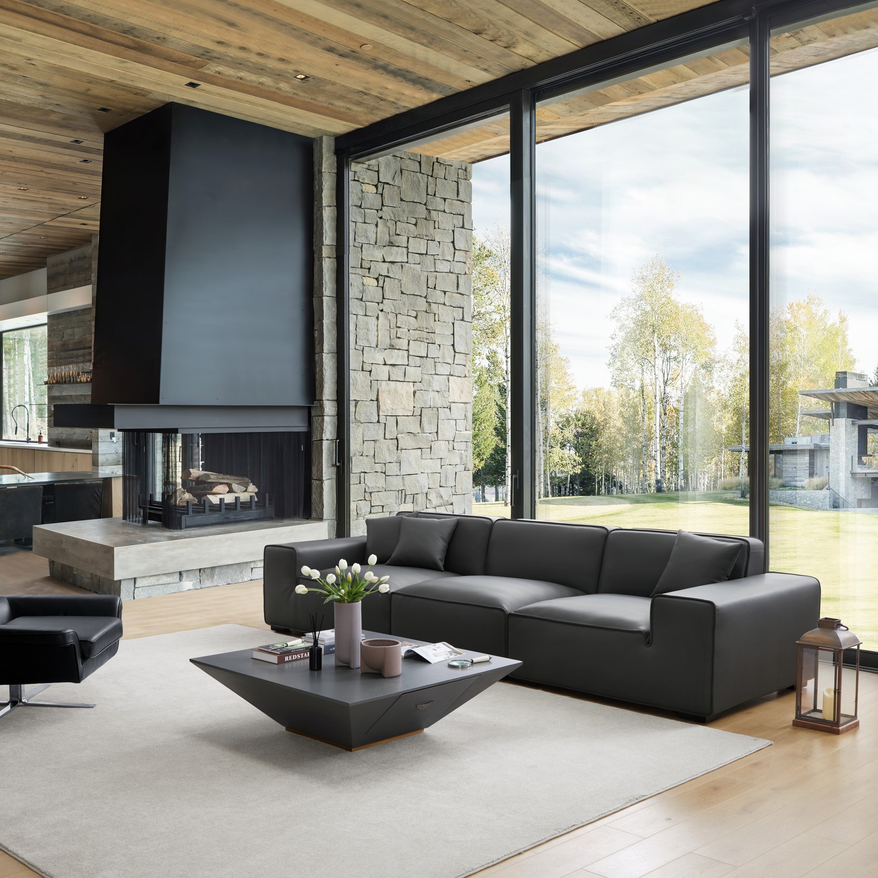 Domus Modular Black Leather Sofa