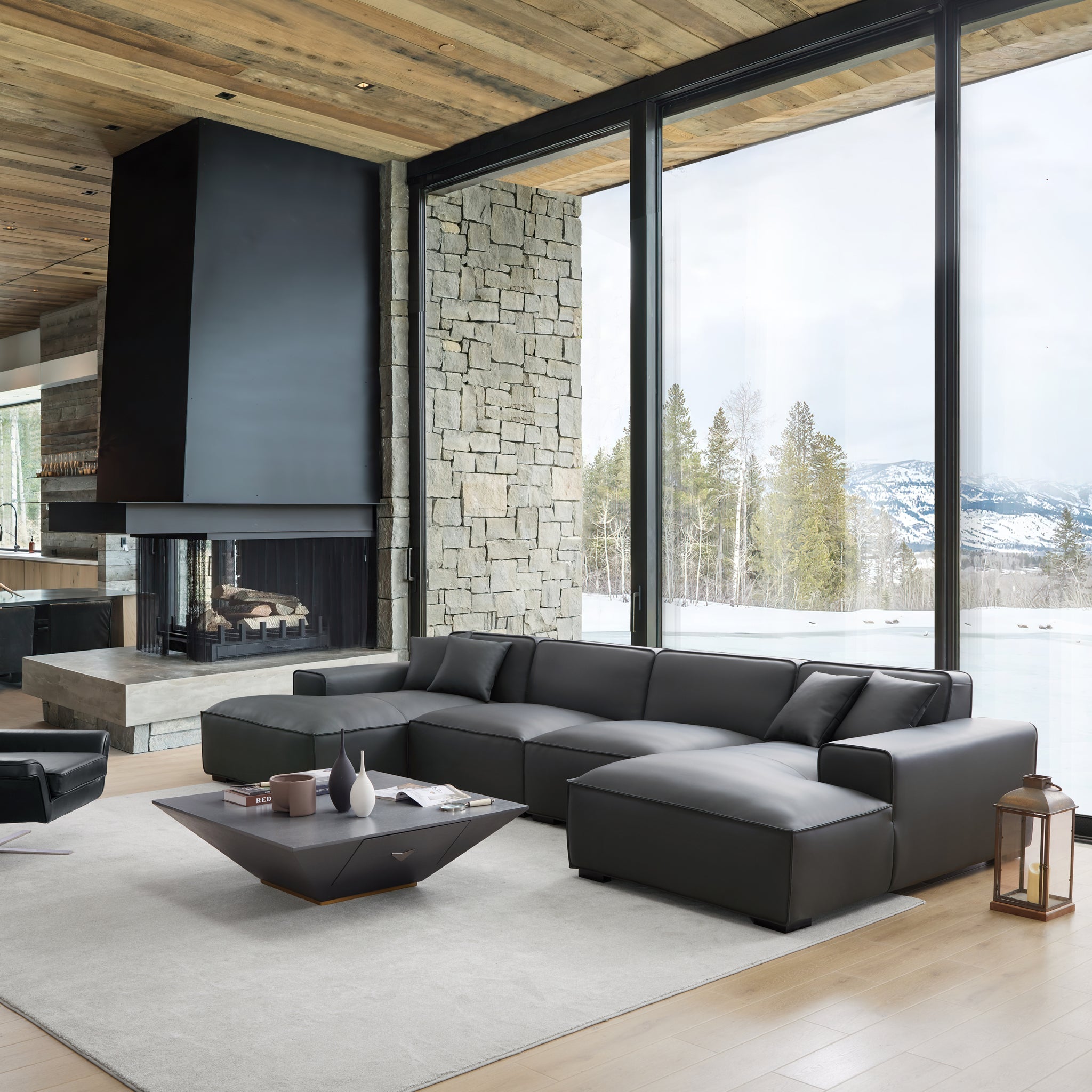 Domus Modular Black Leather Double Chaise Sectional