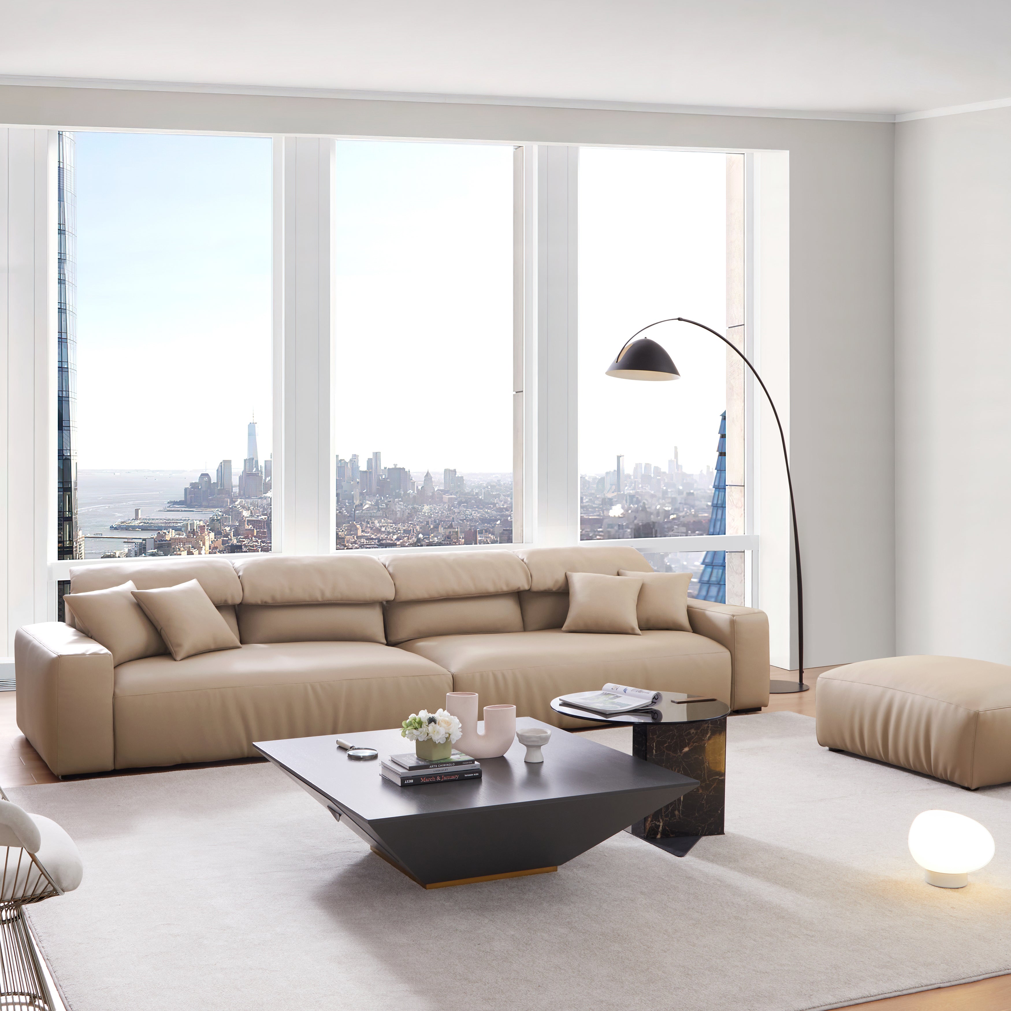 Chestnut Khaki Leather Sofa and Ottoman
