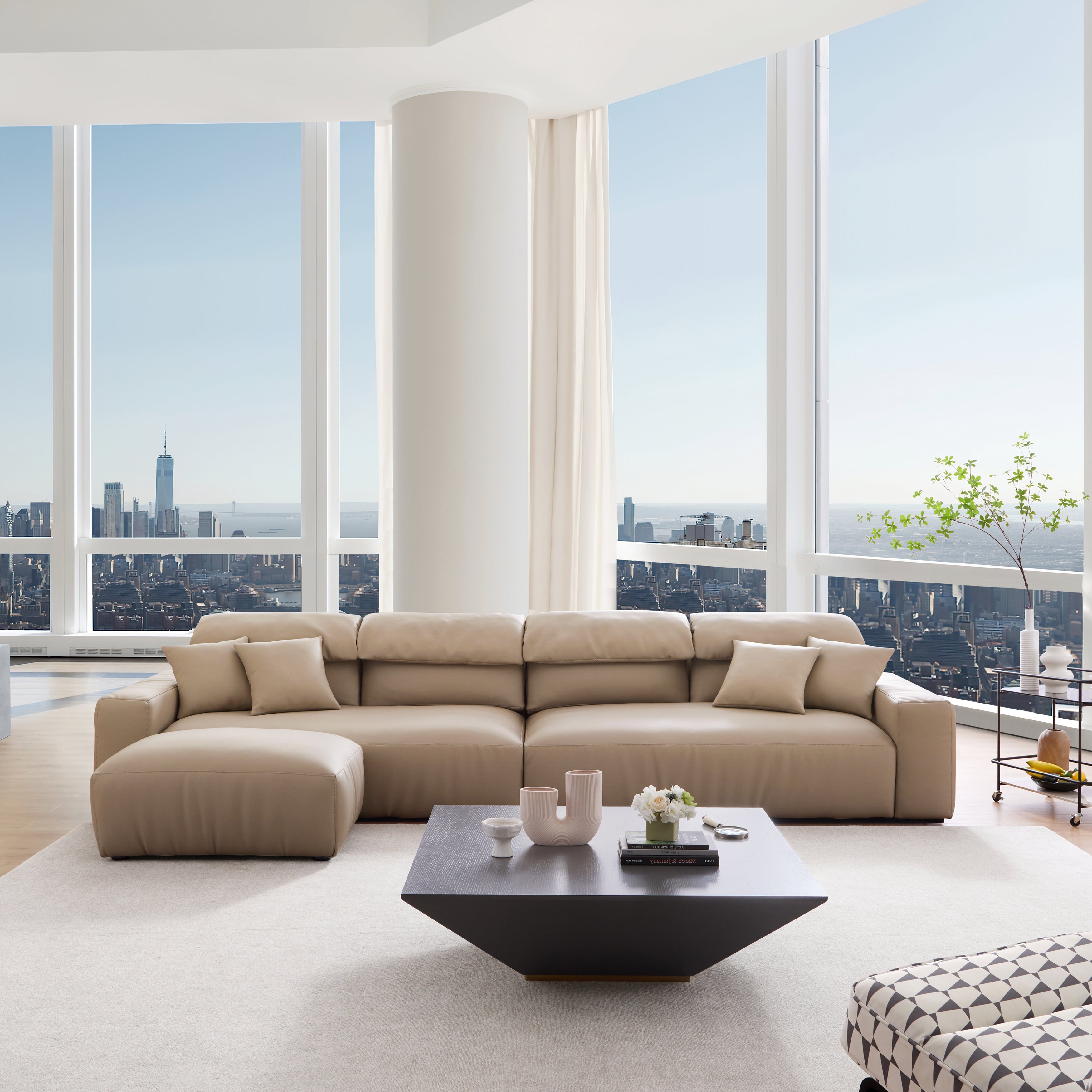 Chestnut Khaki Leather Sofa and Ottoman