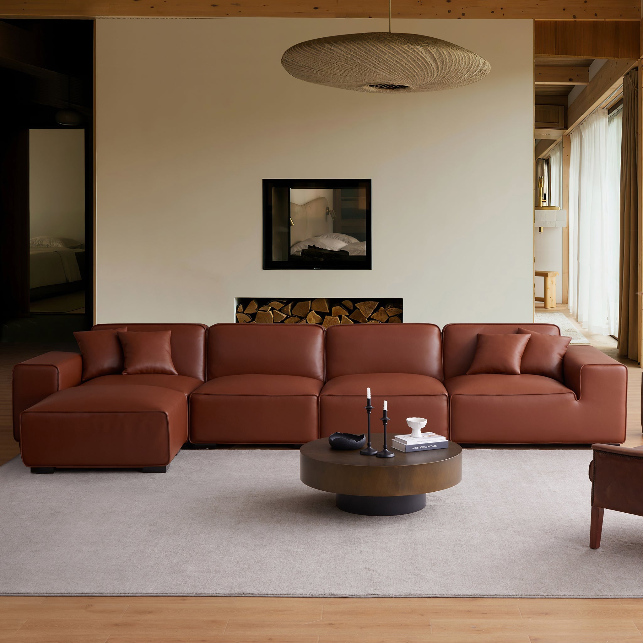 Domus Modular Brown Leather Sofa and Ottoman