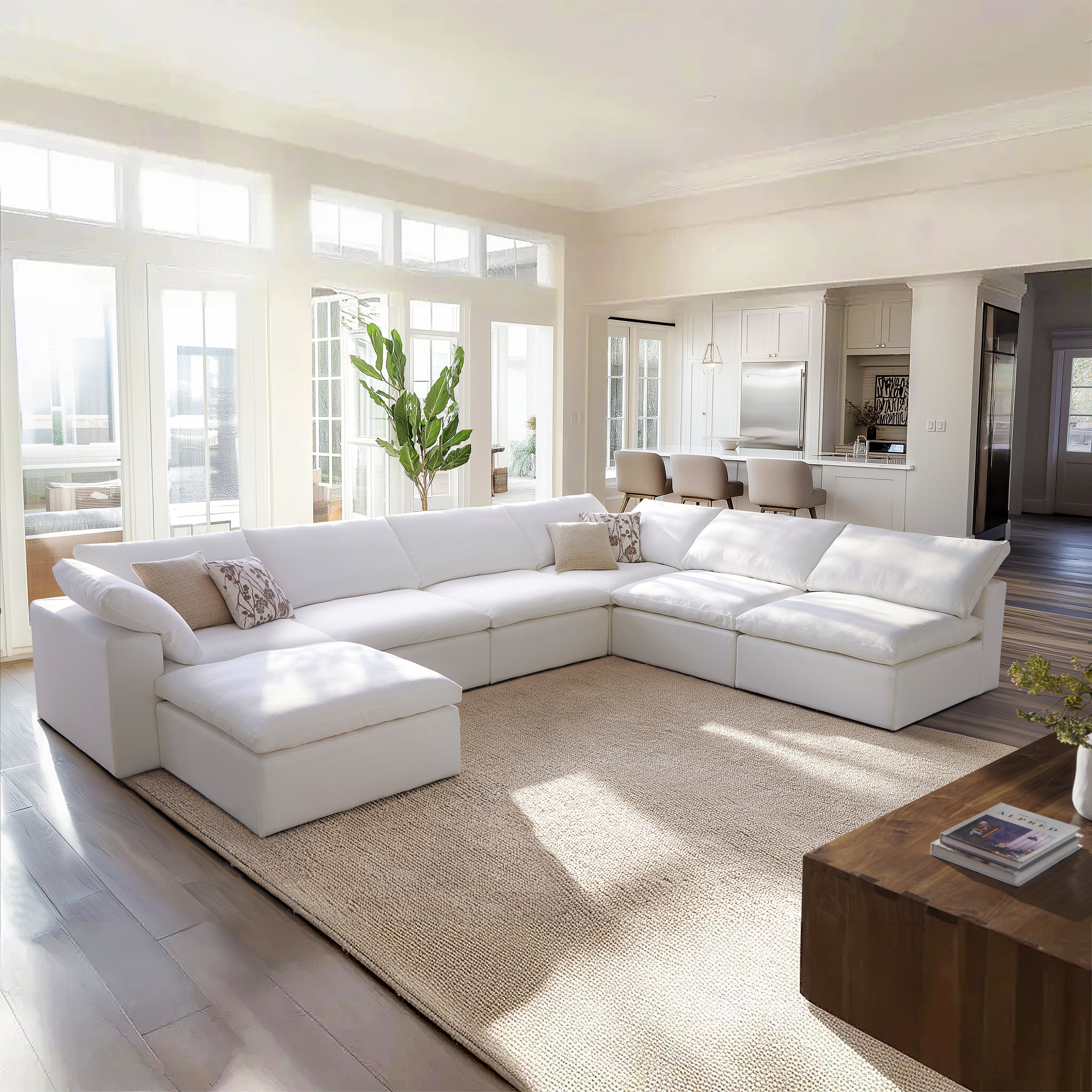 Tender Wabi-Sabi White L-Shaped Sectional and Ottoman