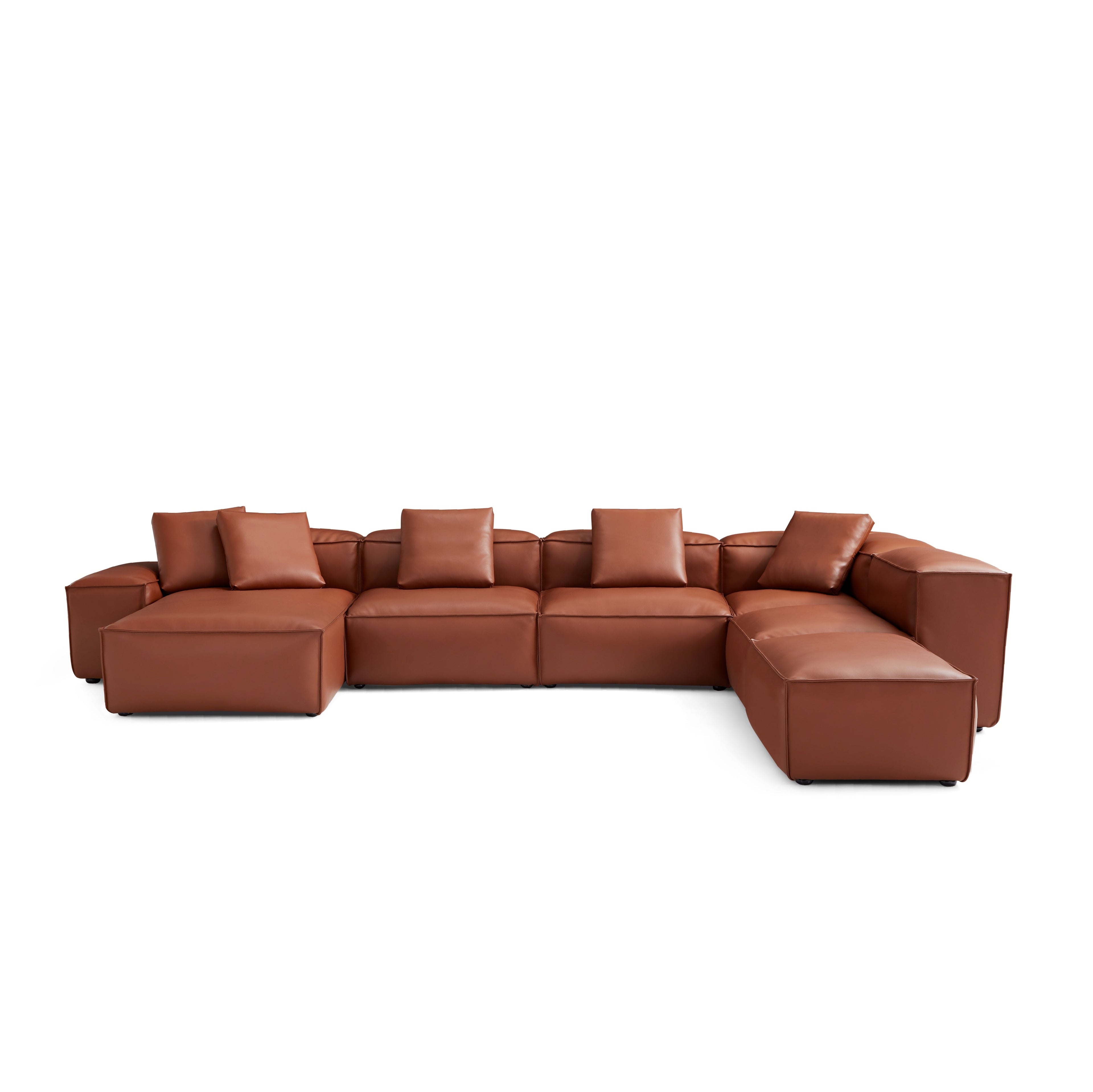 Cube Modular Brown Genuine Leather U-Shaped Sectional with Ottoman