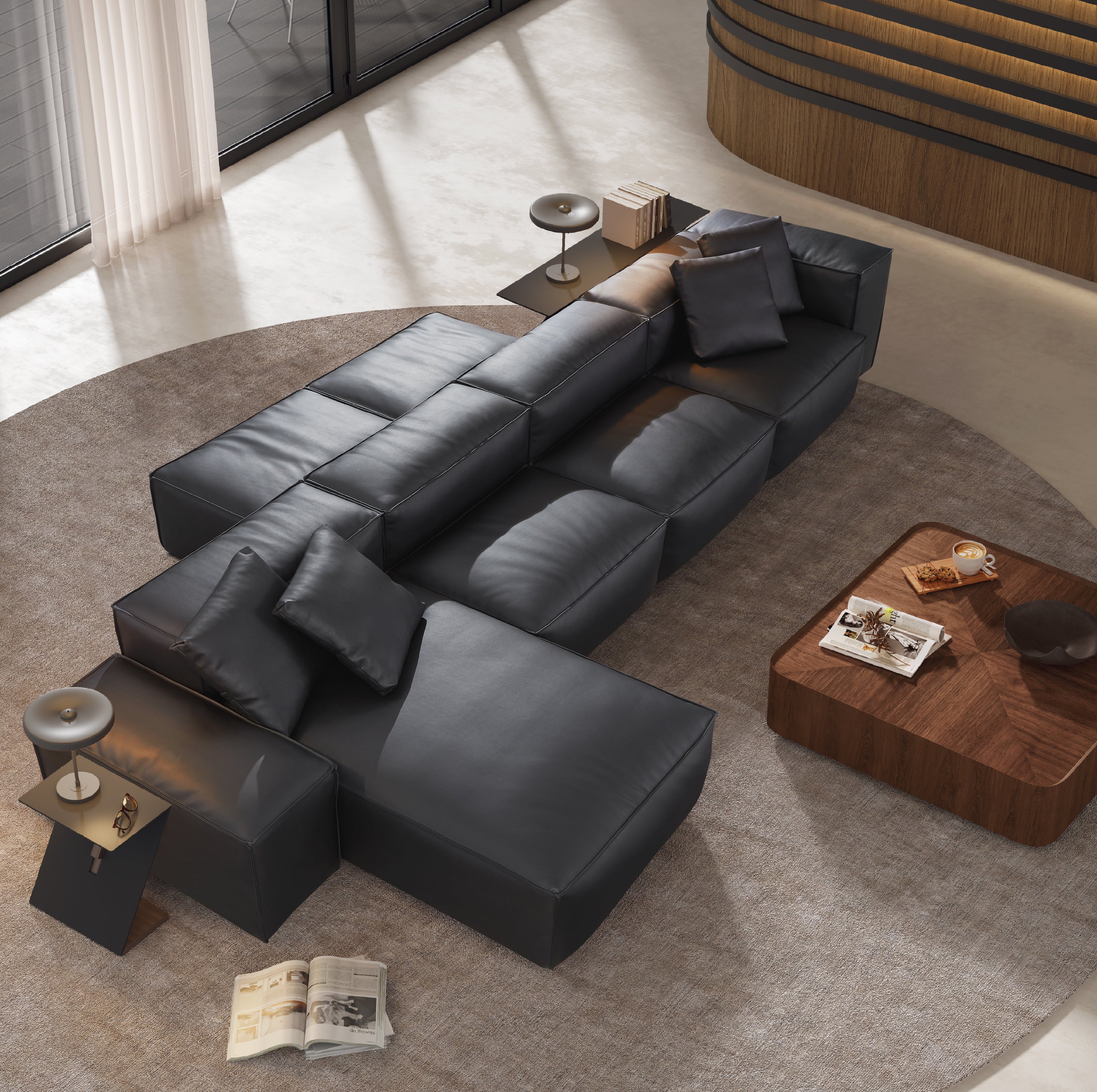Cube Modular Black Genuine Leather Double-Sided Sectional