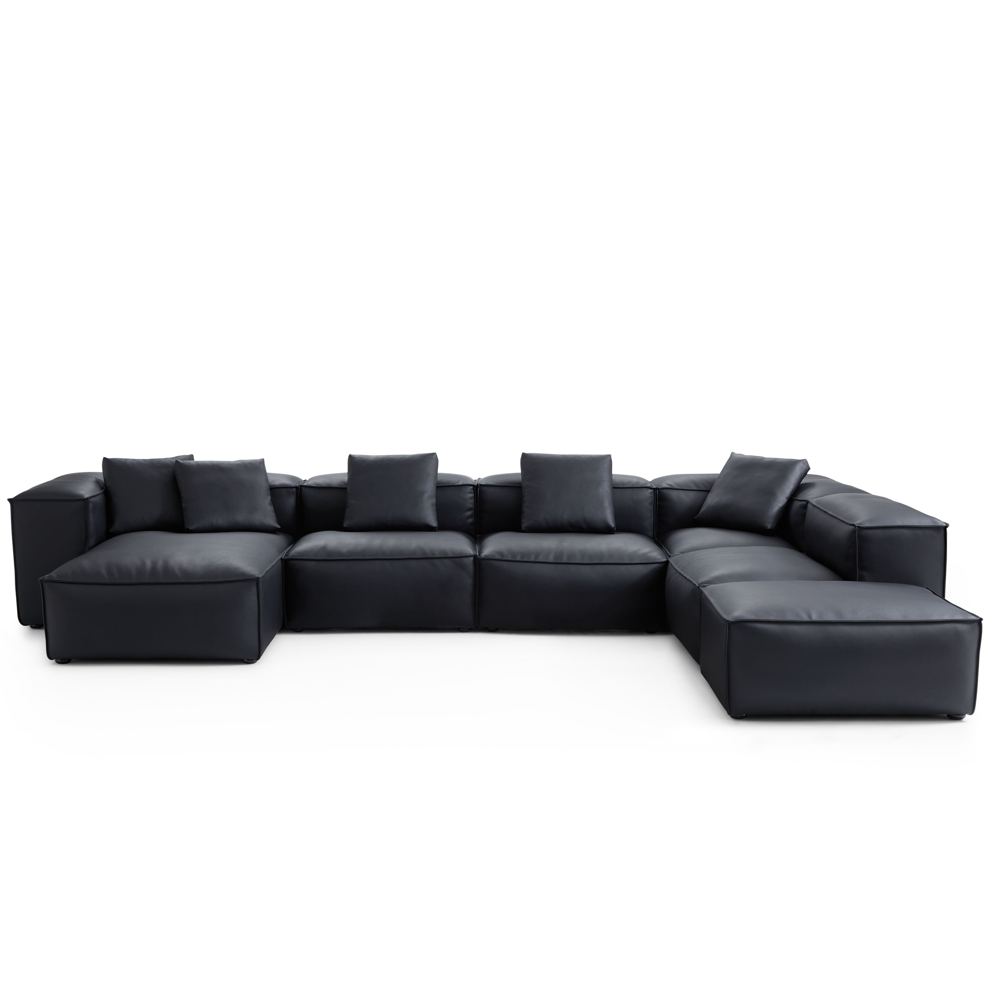 Cube Modular Black Genuine Leather U-Shaped Sectional with Ottoman