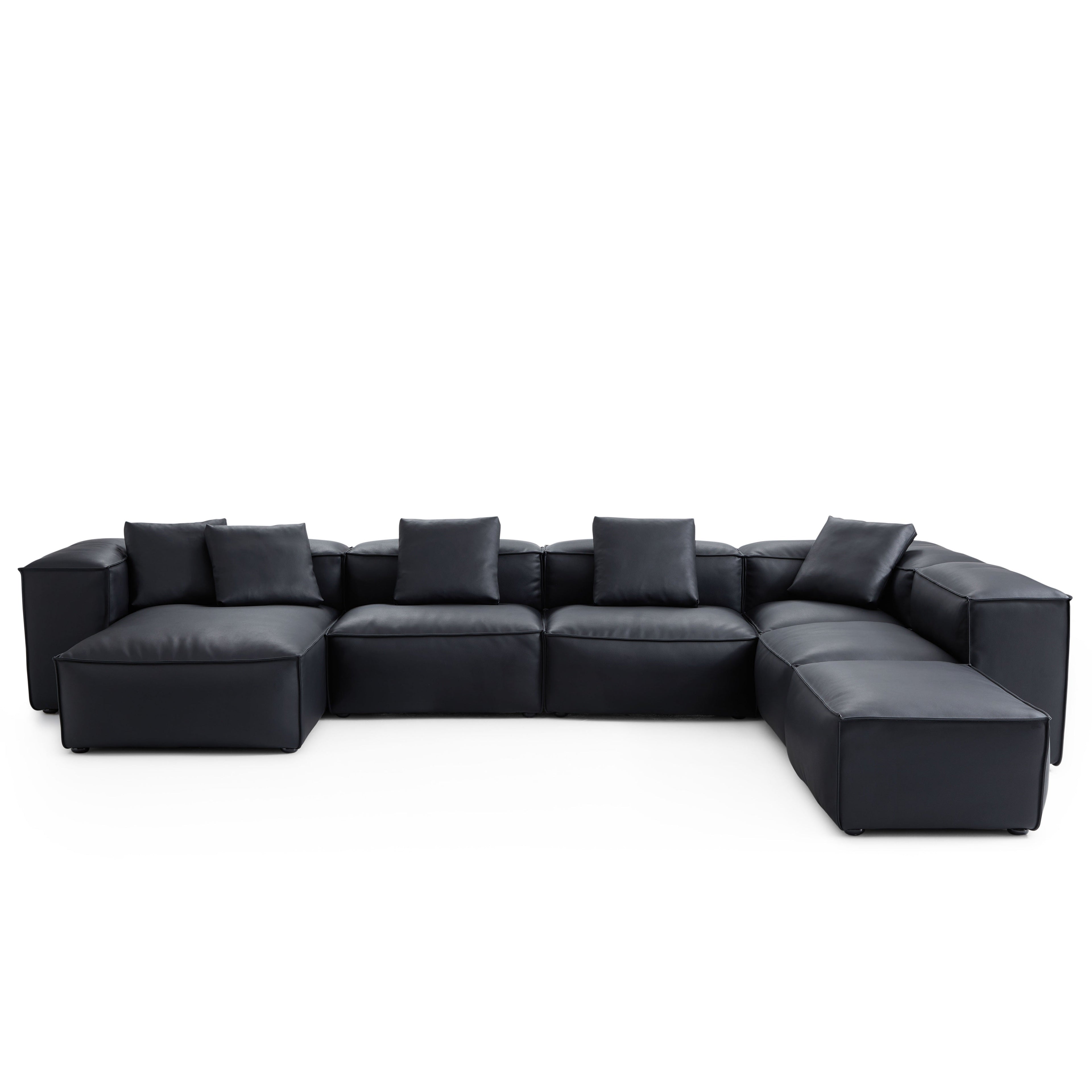 Cube Modular Black Genuine Leather U-Shaped Sectional with Ottoman