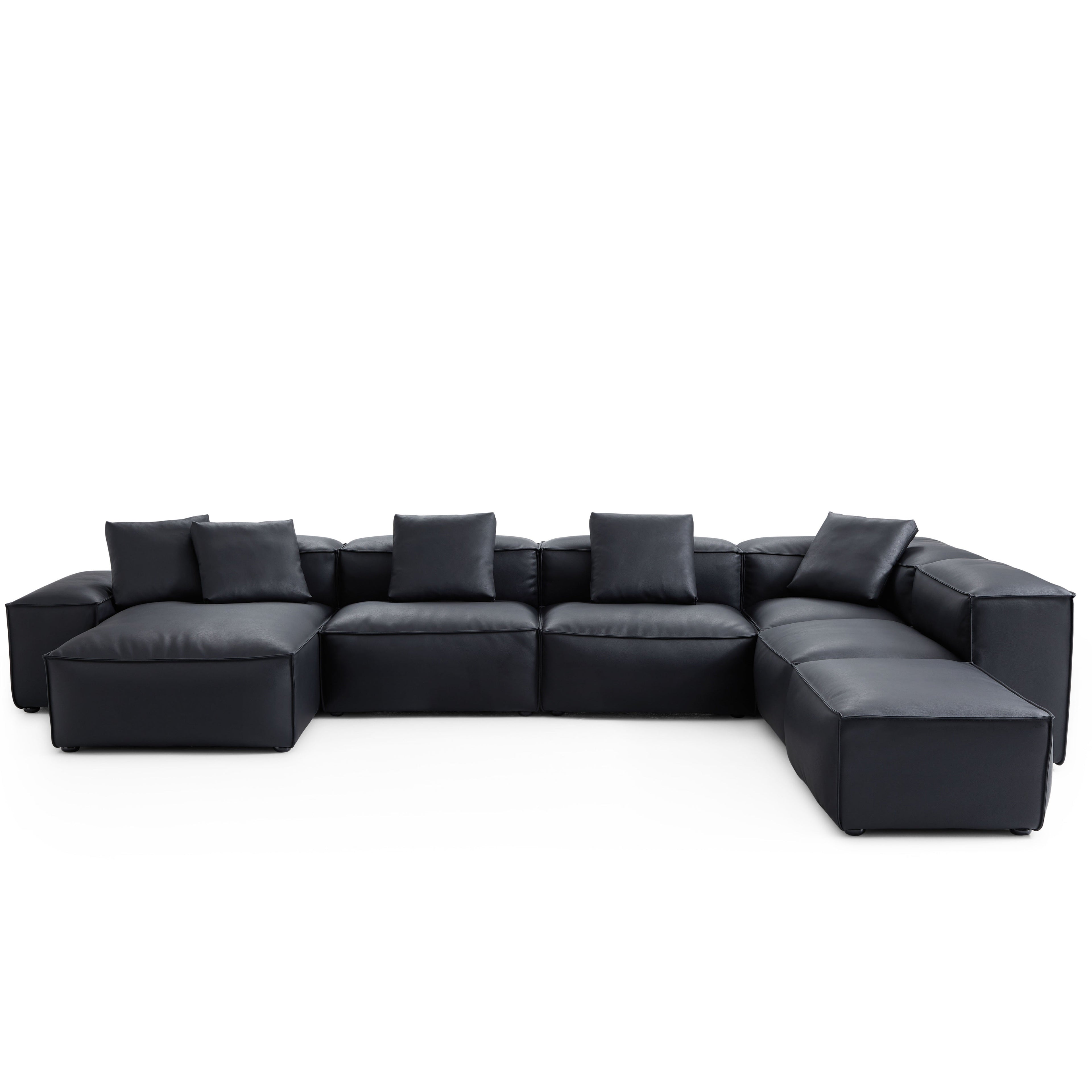 Cube Modular Black Genuine Leather U-Shaped Sectional with Ottoman
