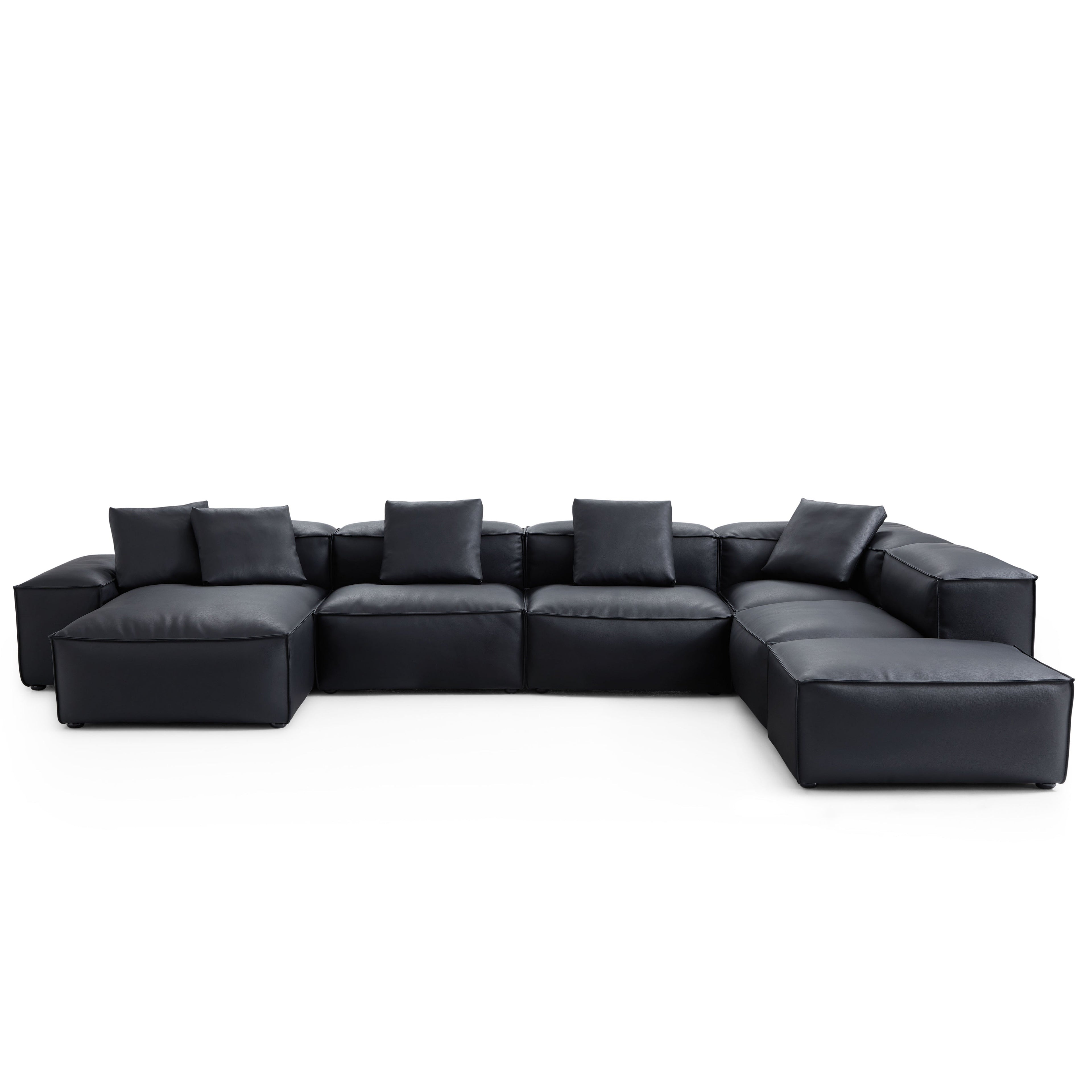 Cube Modular Black Genuine Leather U-Shaped Sectional with Ottoman