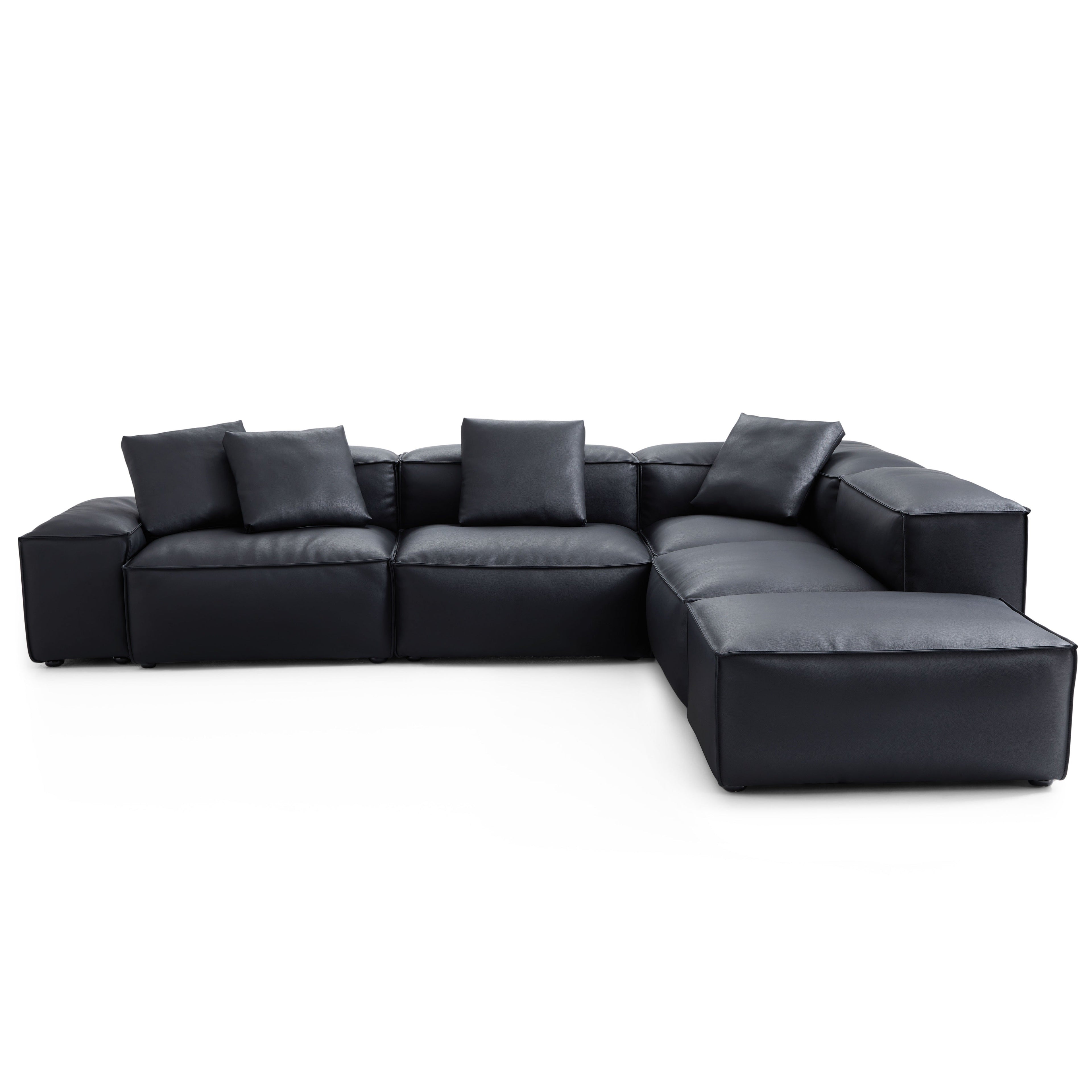 Cube Modular Balck Genuine Leather Corner Sectional With Ottoman