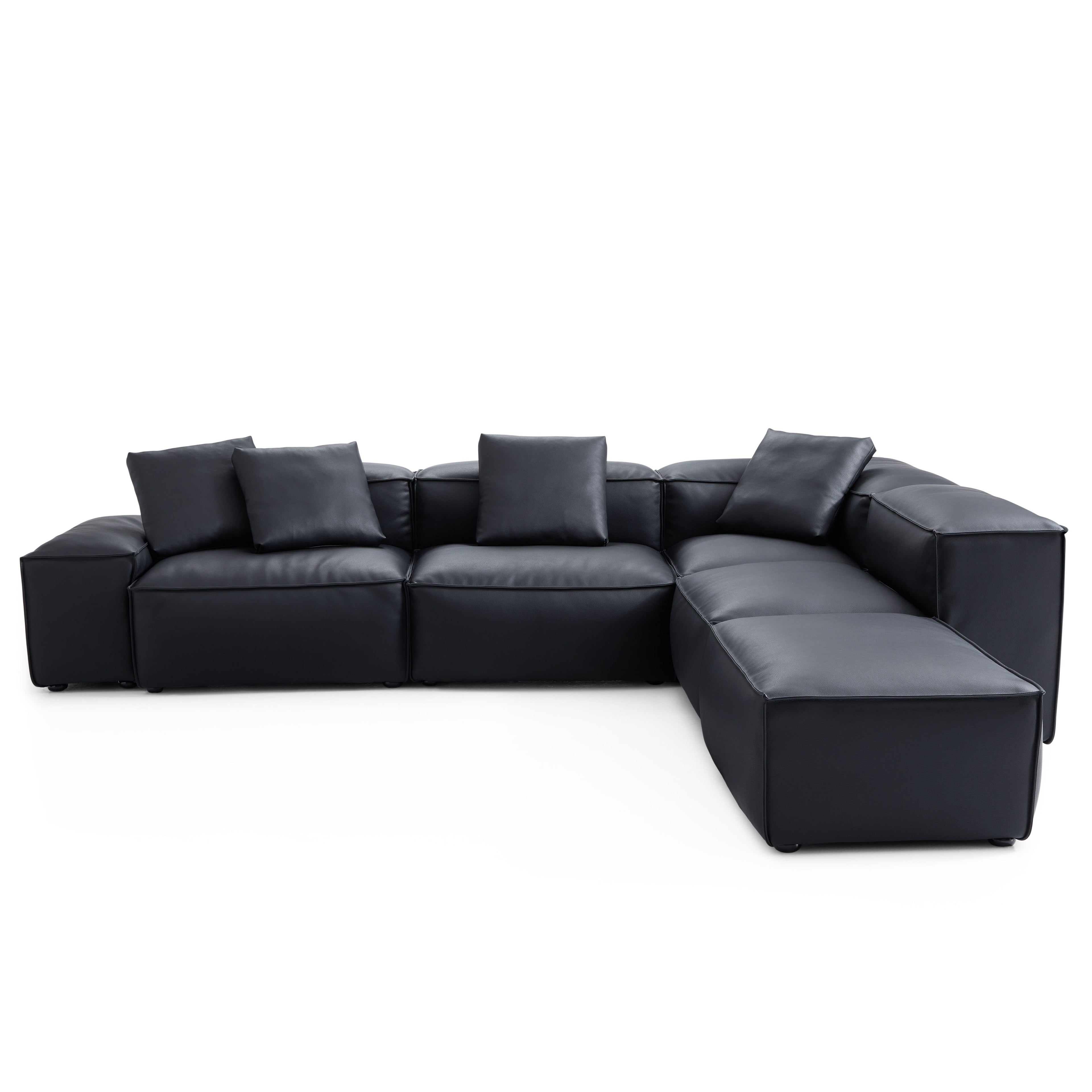 Cube Modular Balck Genuine Leather Corner Sectional With Ottoman