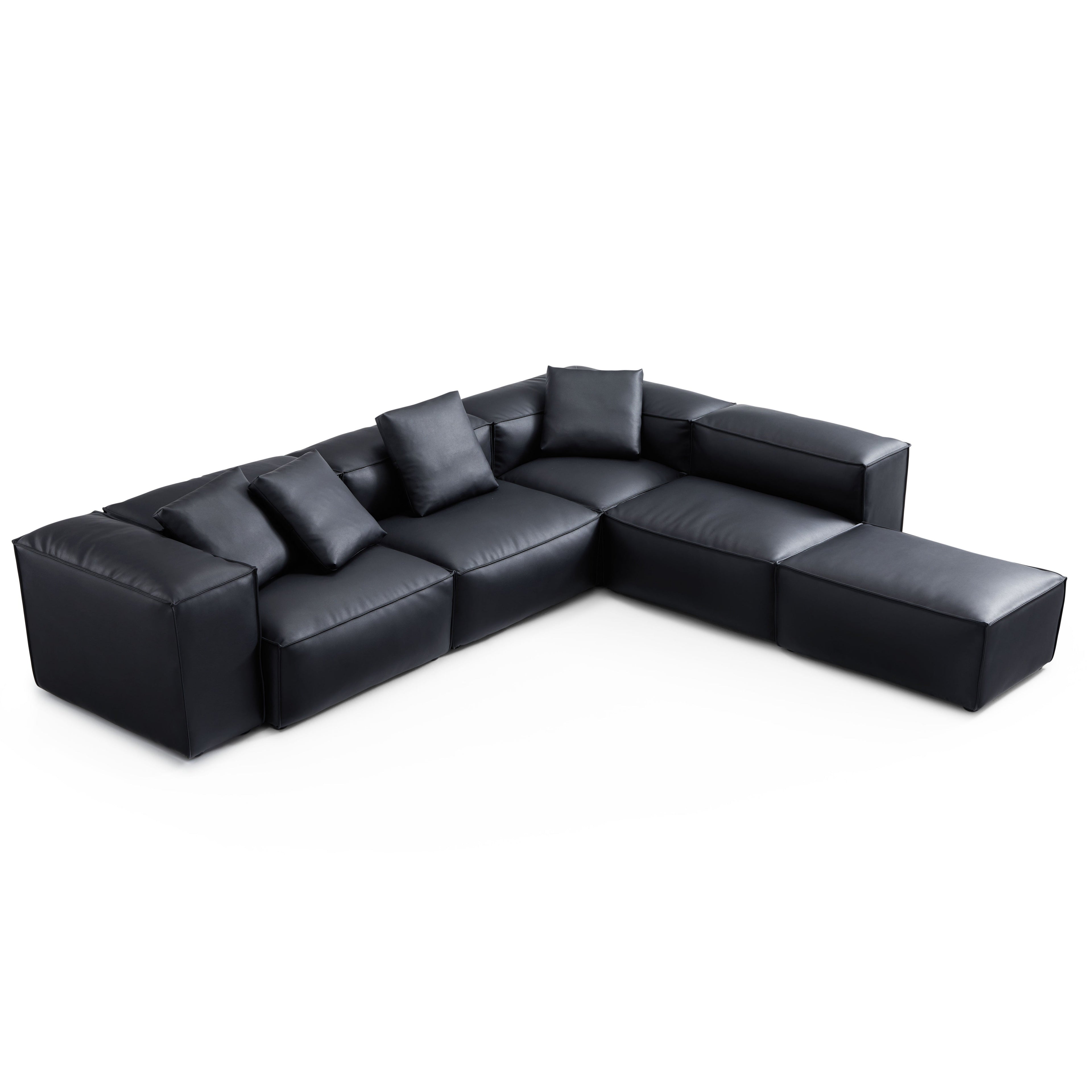 Cube Modular Balck Genuine Leather Corner Sectional With Ottoman