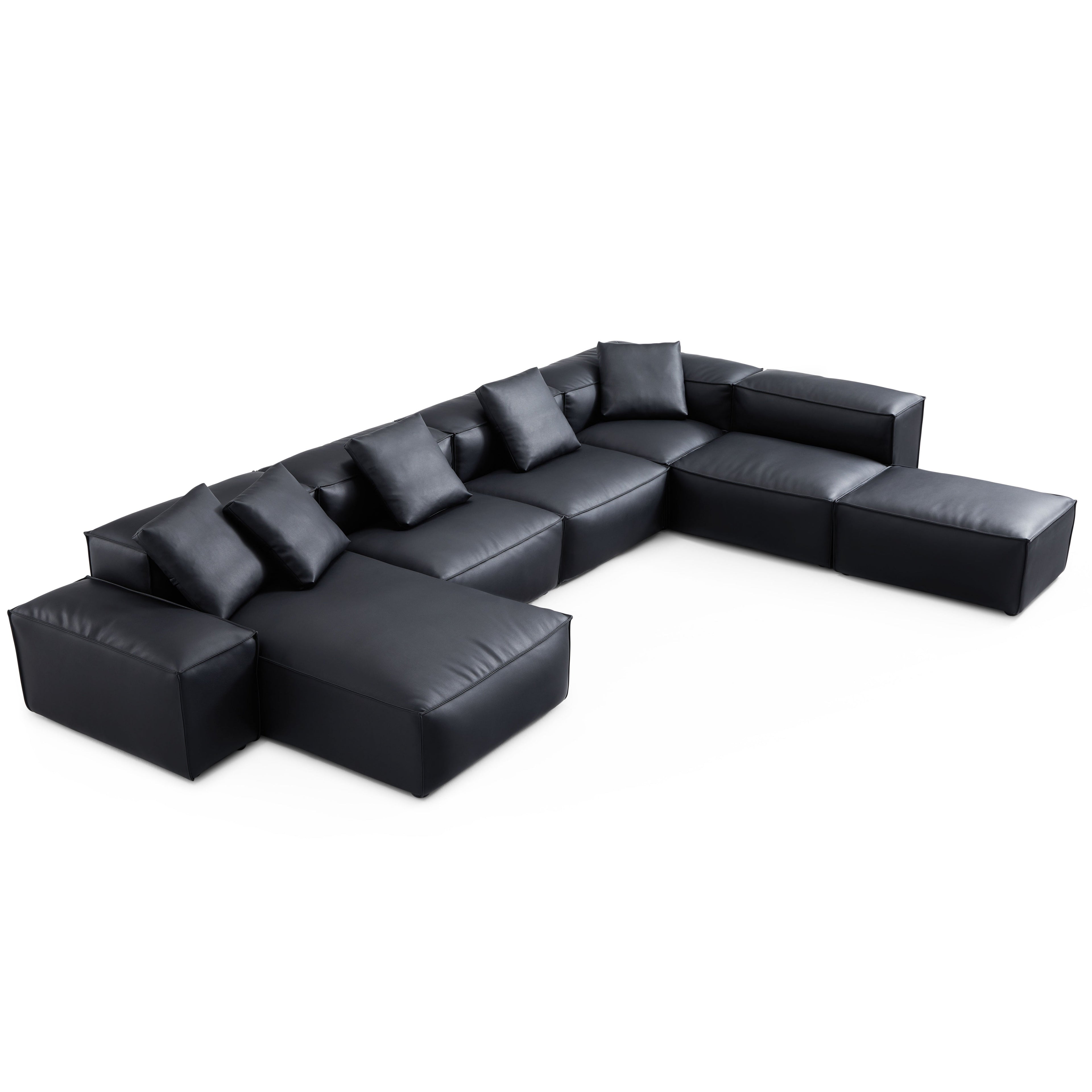 Cube Modular Black Genuine Leather U-Shaped Sectional with Ottoman
