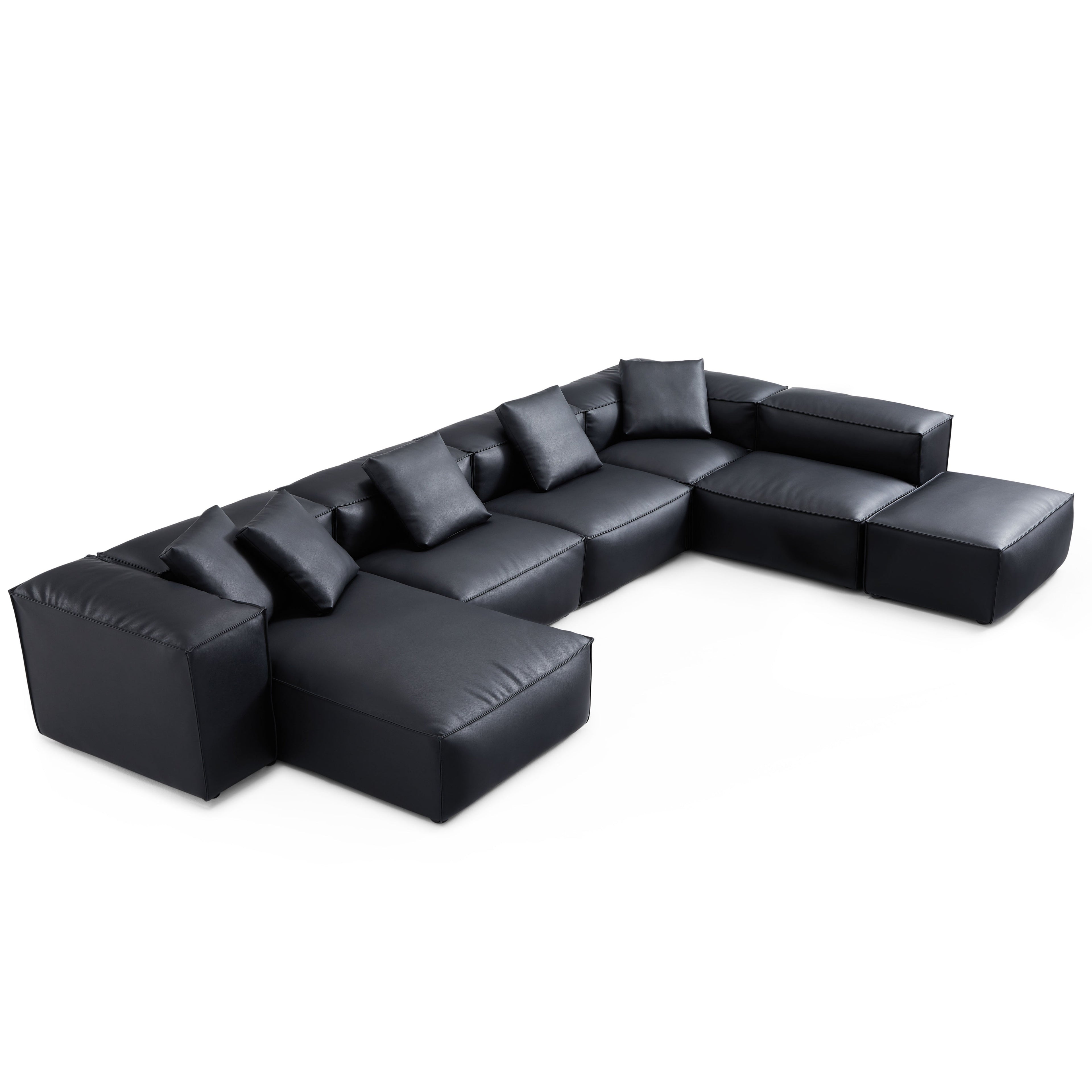 Cube Modular Black Genuine Leather U-Shaped Sectional with Ottoman