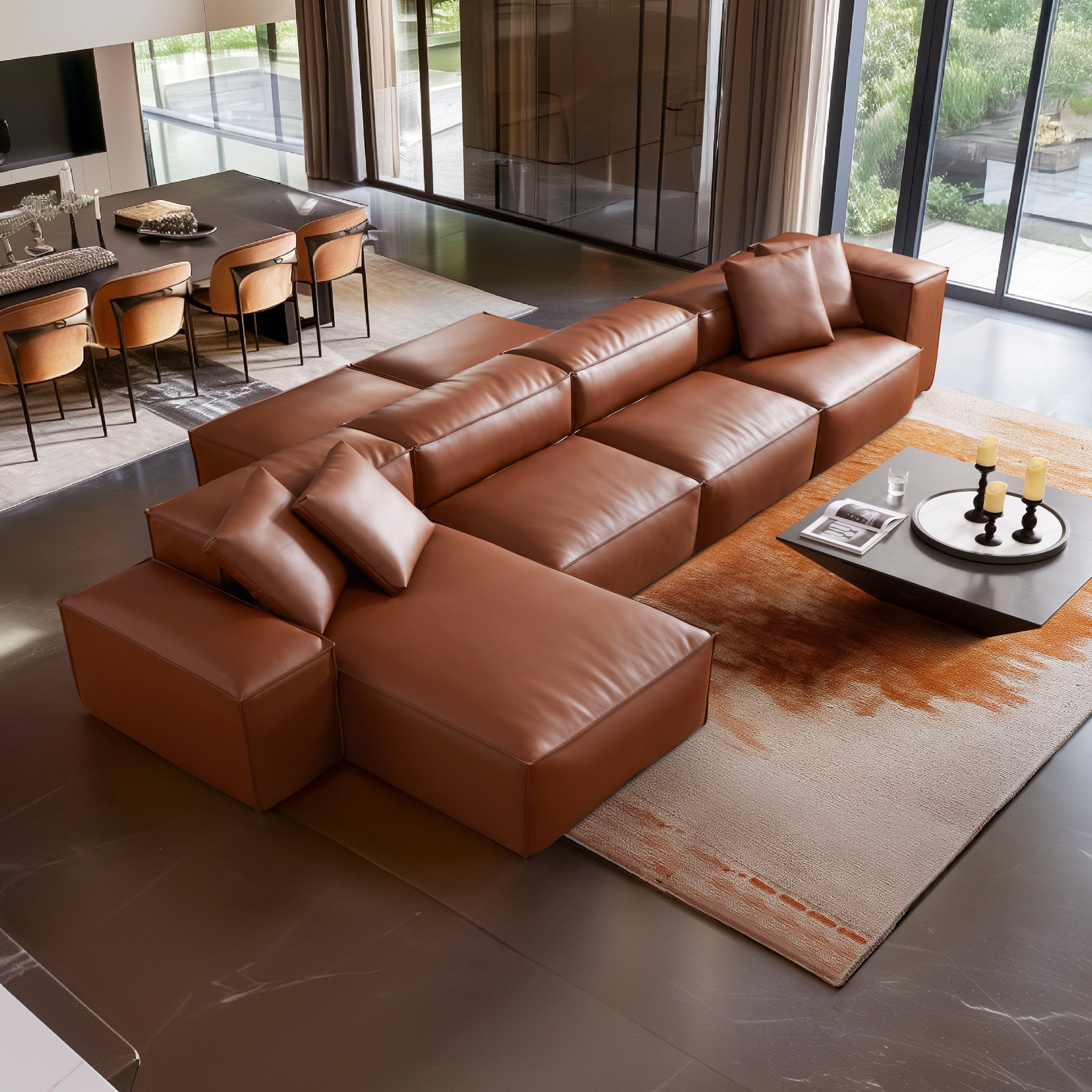 Cube Modular Brown Genuine Leather Double-Sided Sectional