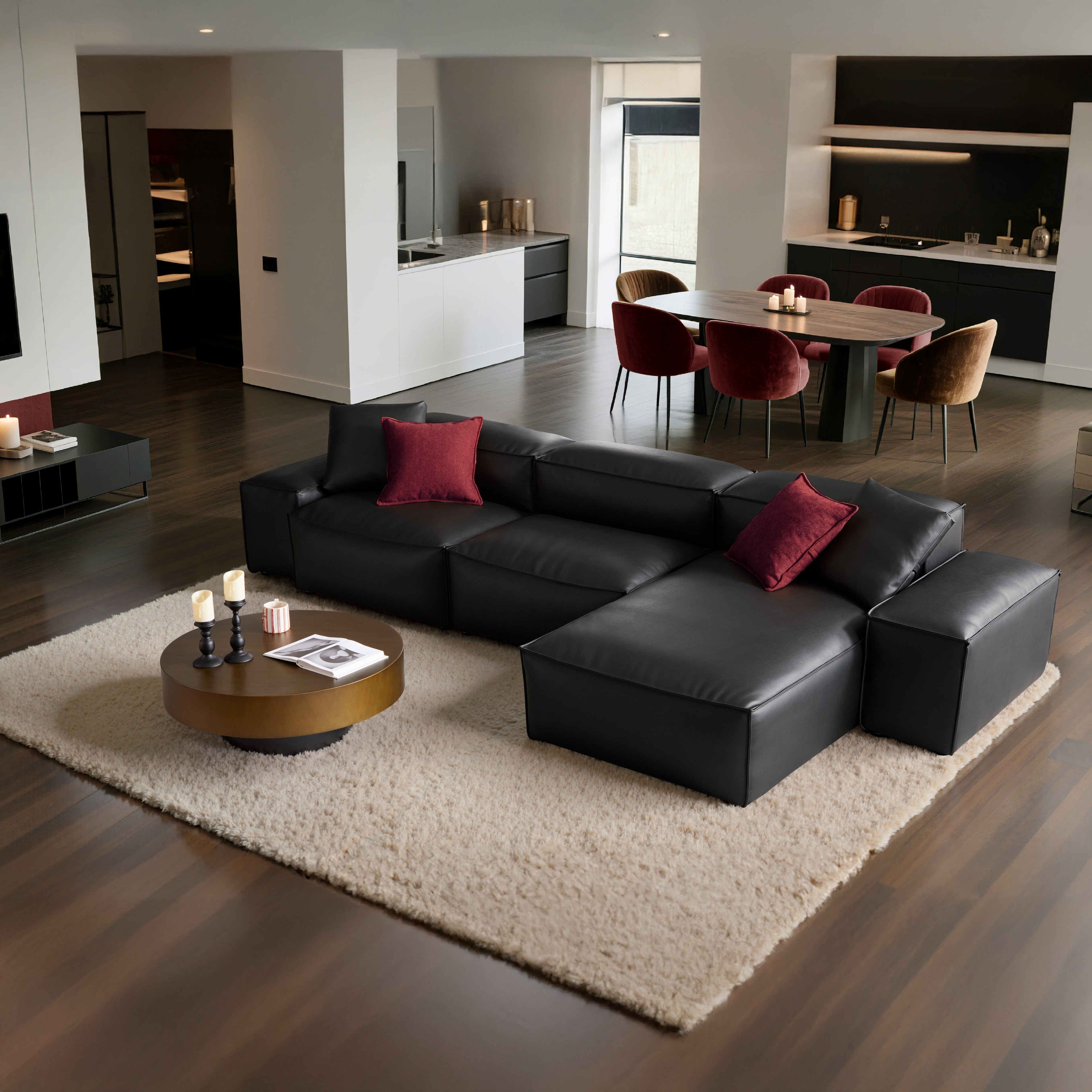 Cube Modular Black Genuine Leather Sectional