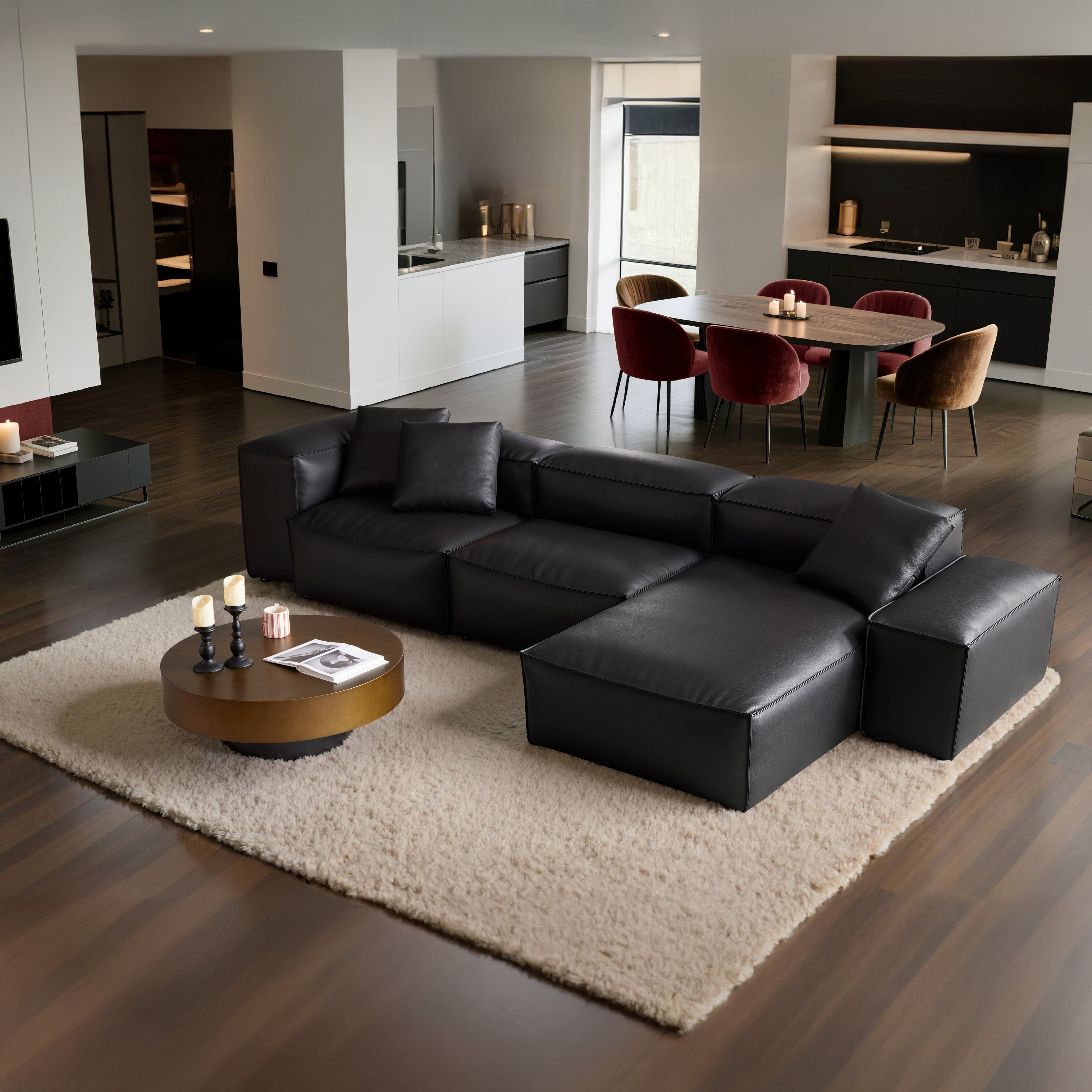 Cube Modular Black Genuine Leather Sectional