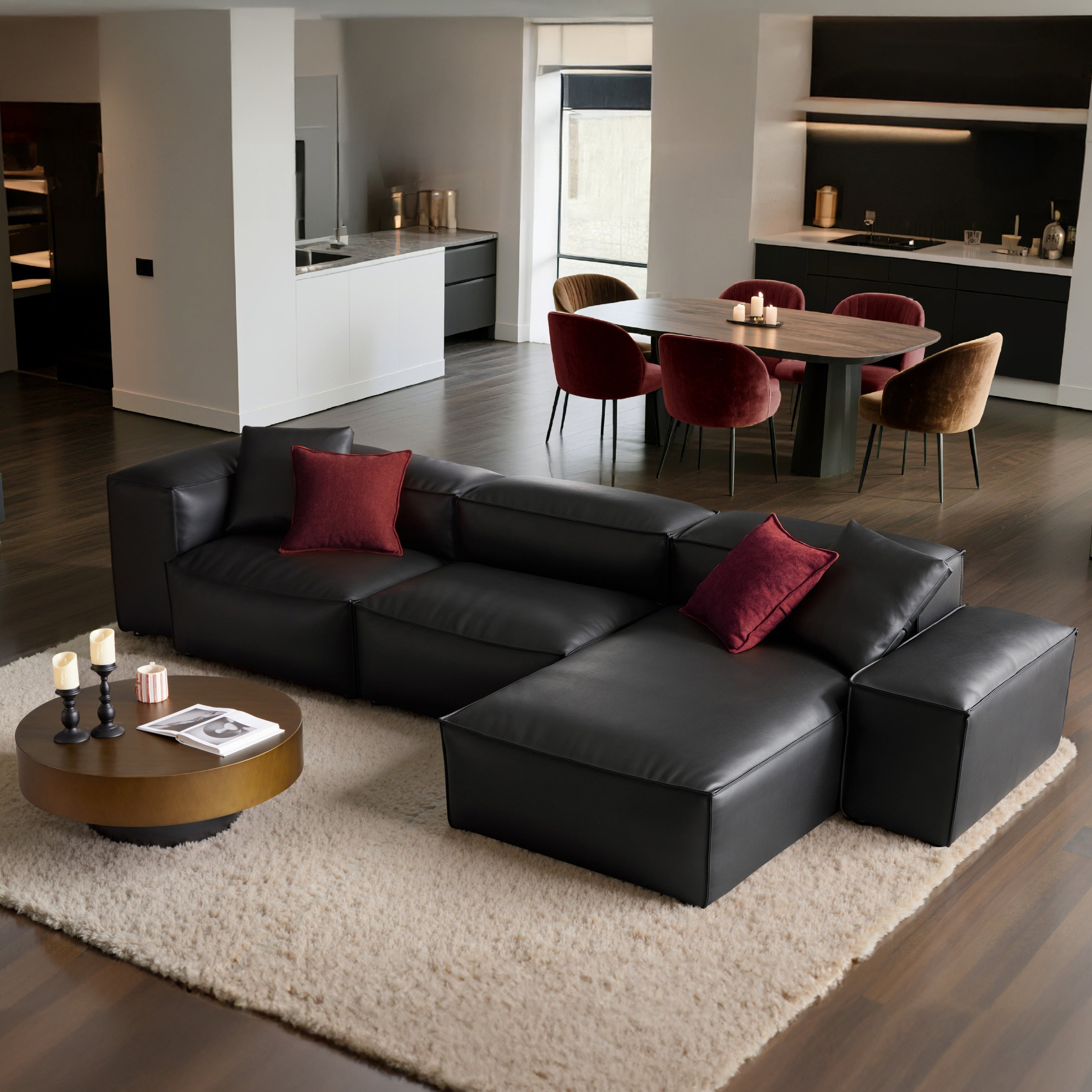 Cube Modular Black Genuine Leather Sectional