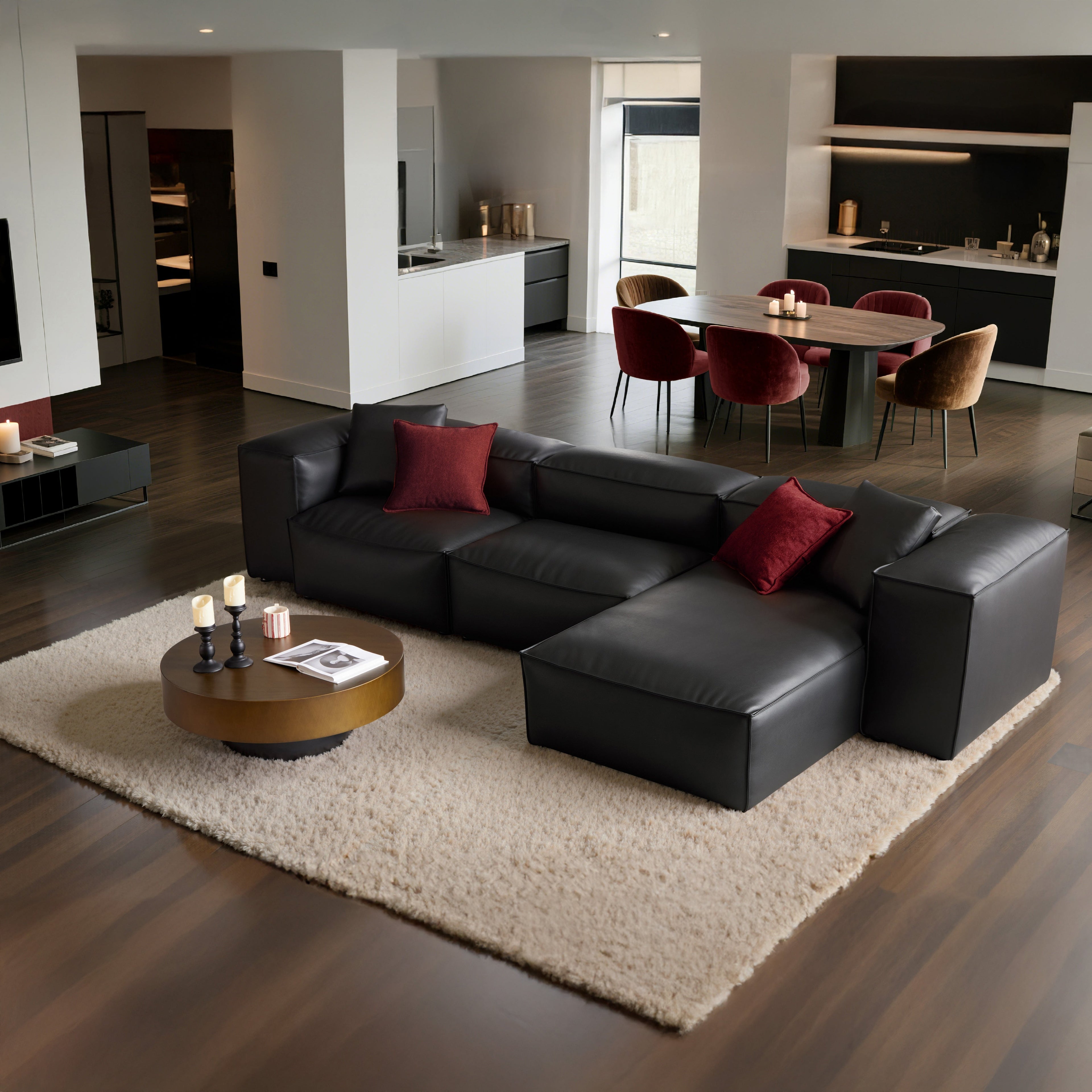Cube Modular Black Genuine Leather Sectional
