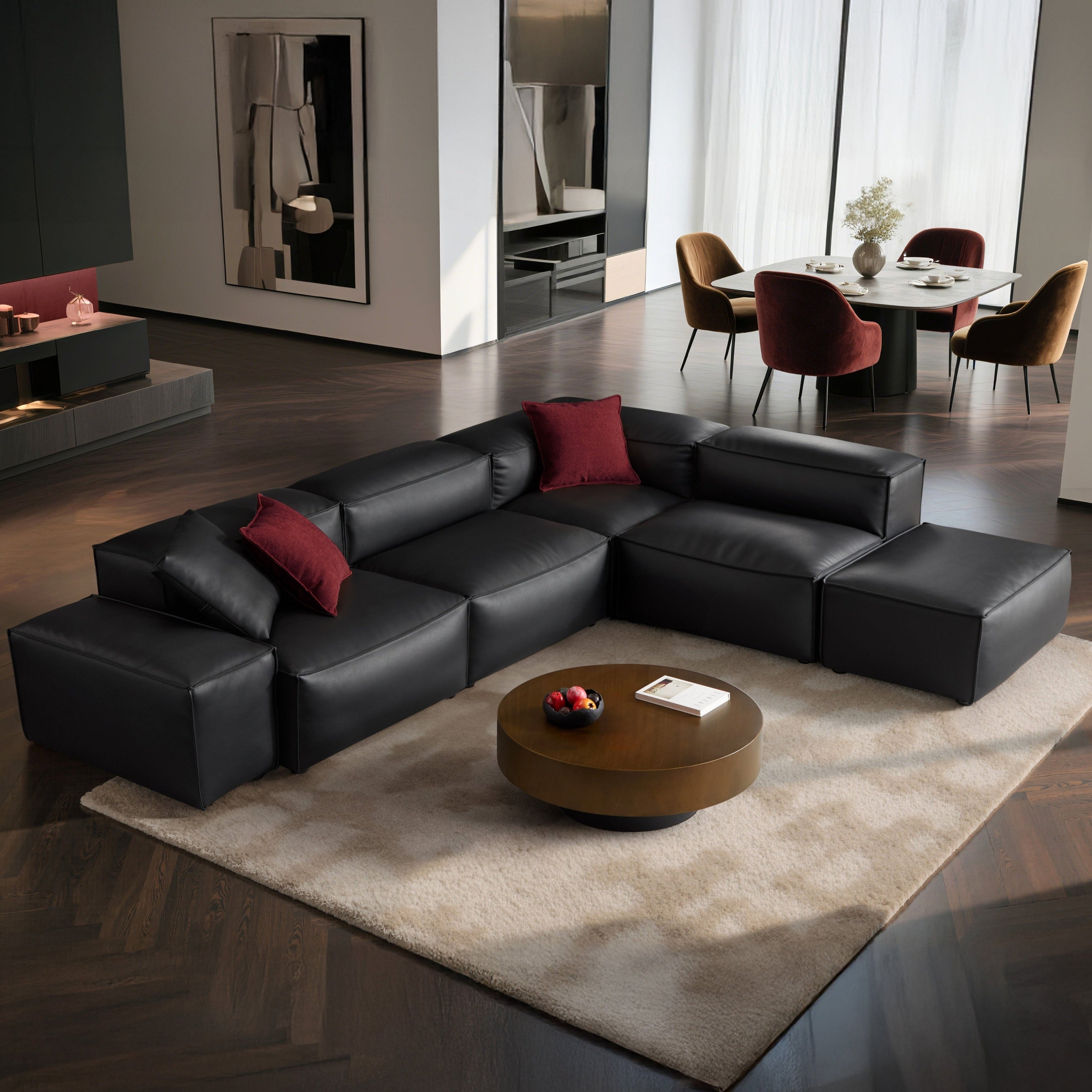 Cube Modular Balck Genuine Leather Corner Sectional With Ottoman
