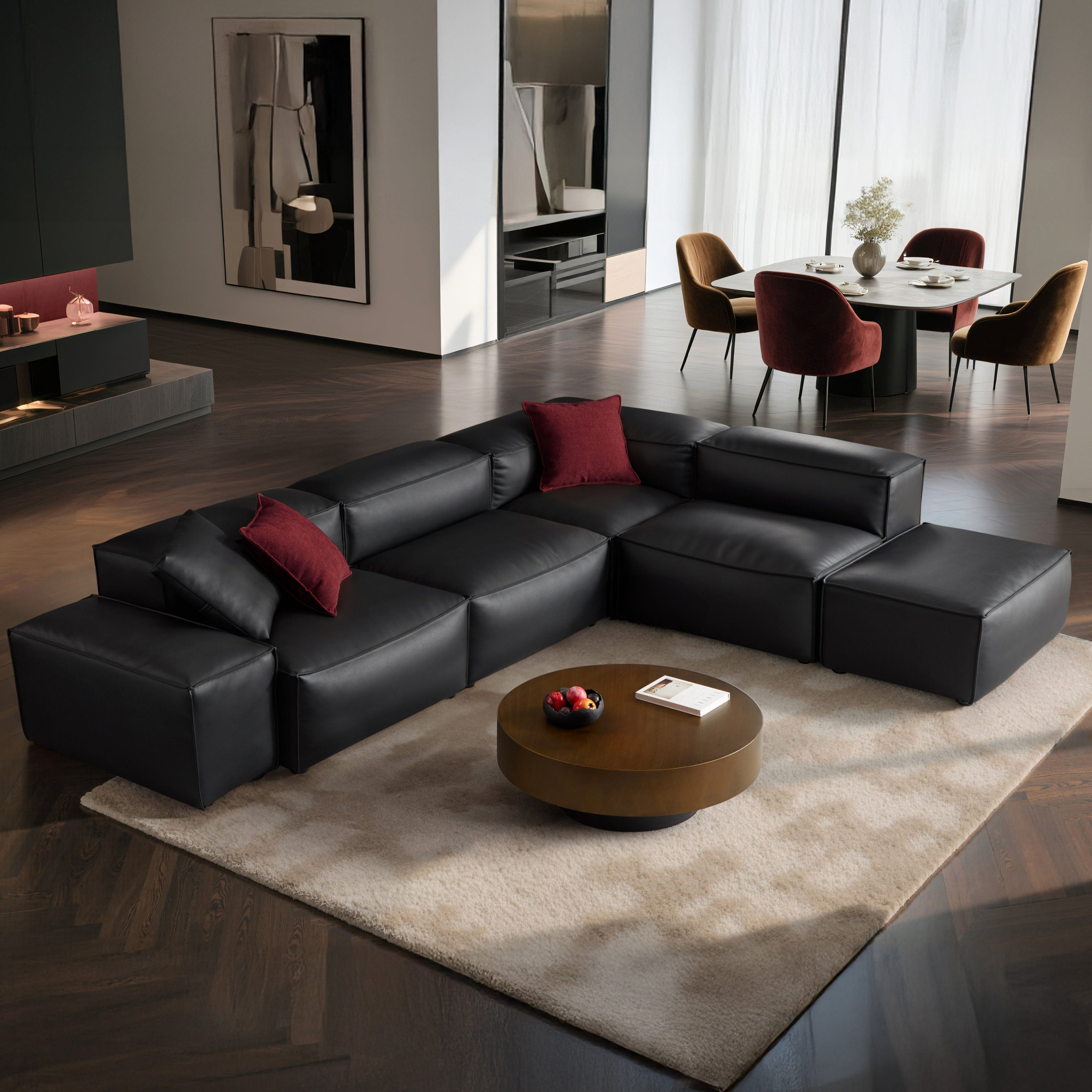 Cube Modular Balck Genuine Leather Corner Sectional With Ottoman