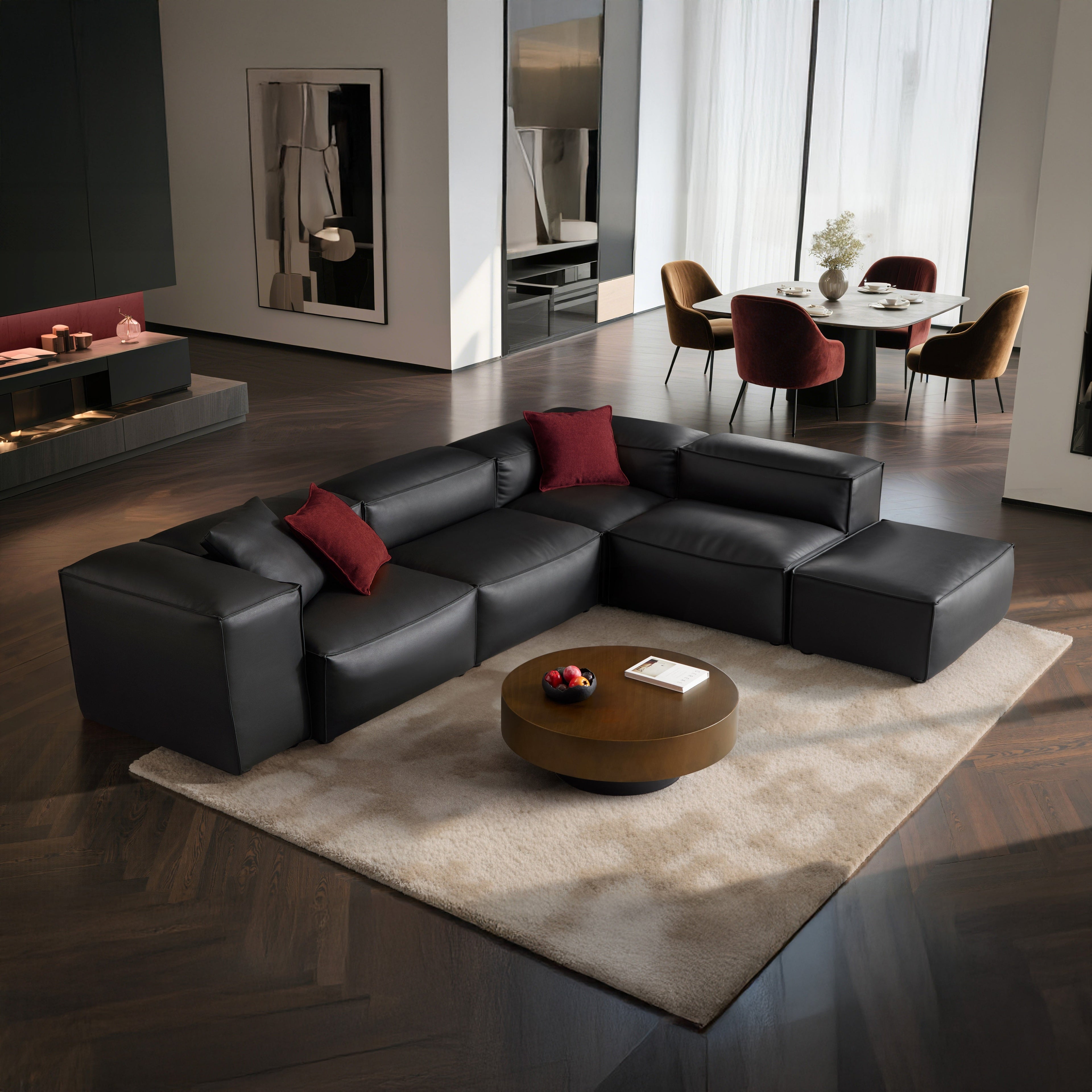 Cube Modular Balck Genuine Leather Corner Sectional With Ottoman