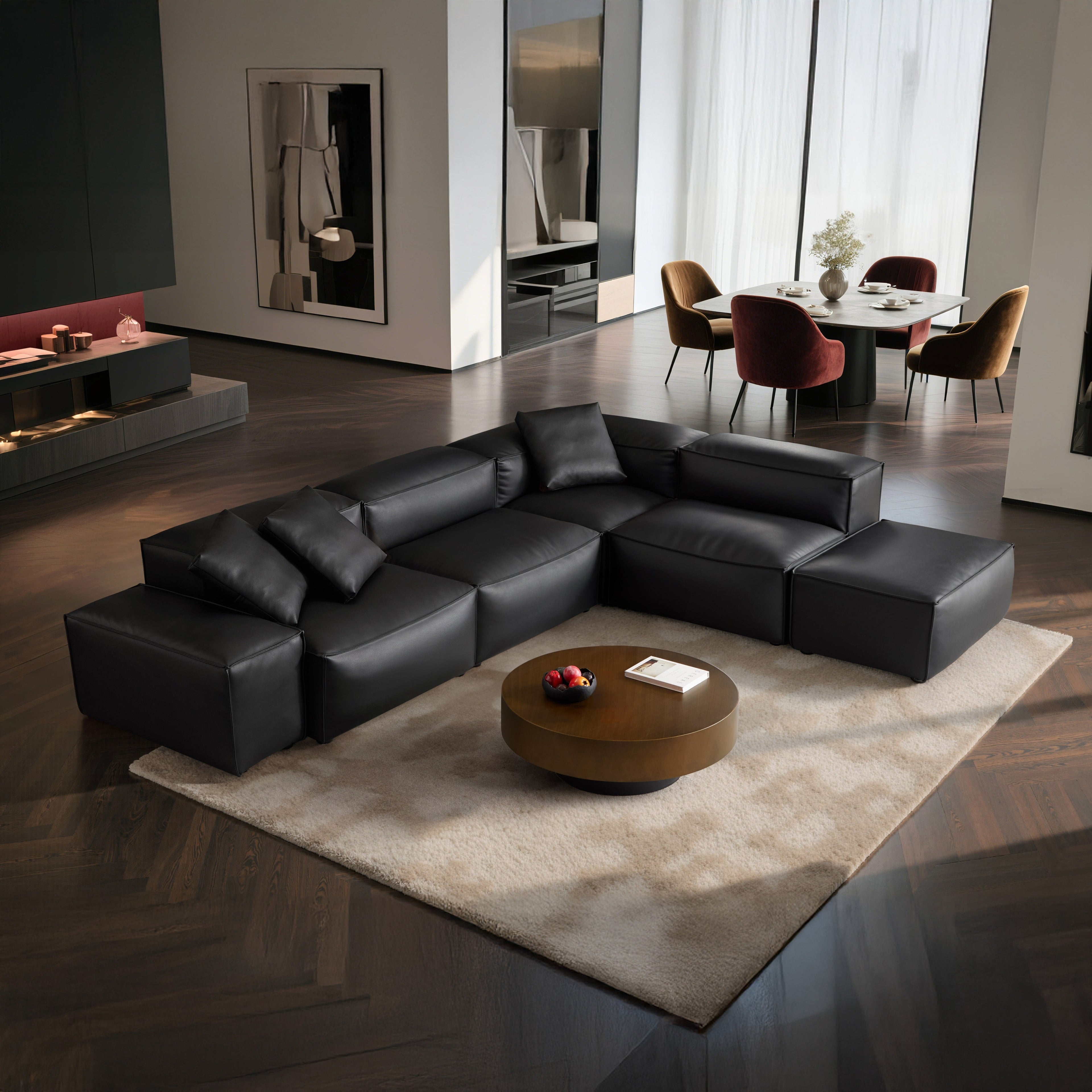 Cube Modular Balck Genuine Leather Corner Sectional With Ottoman
