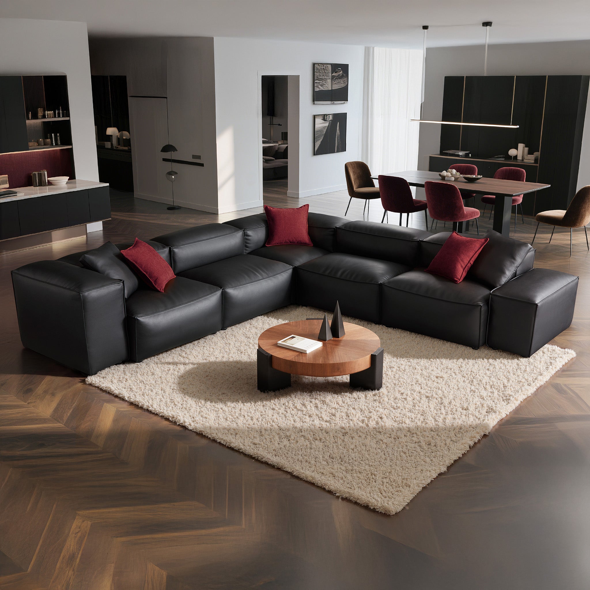 Cube Modular Black Genuine Leather Corner Sectional