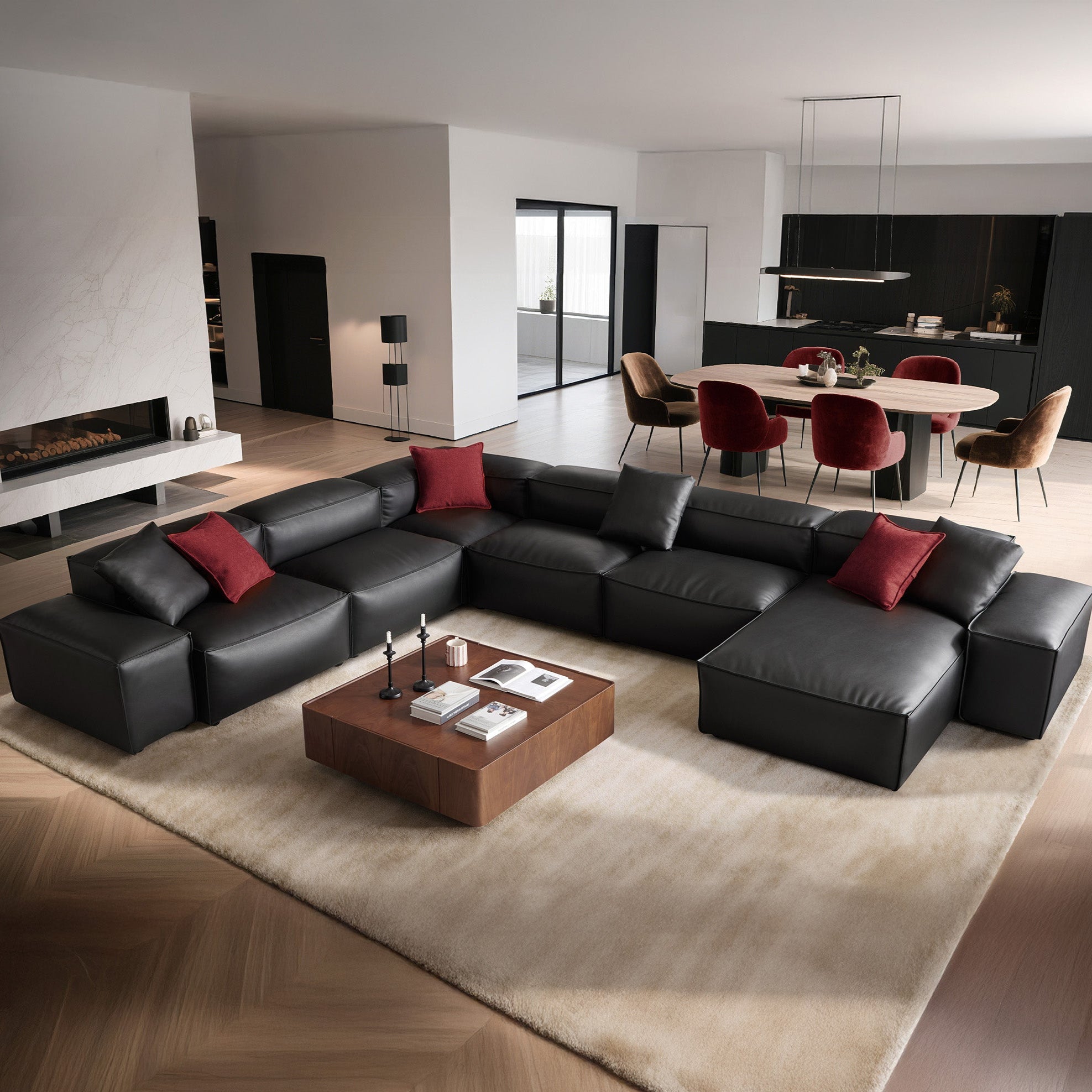 Cube Modular Black Genuine Leather U-Shaped Sectional