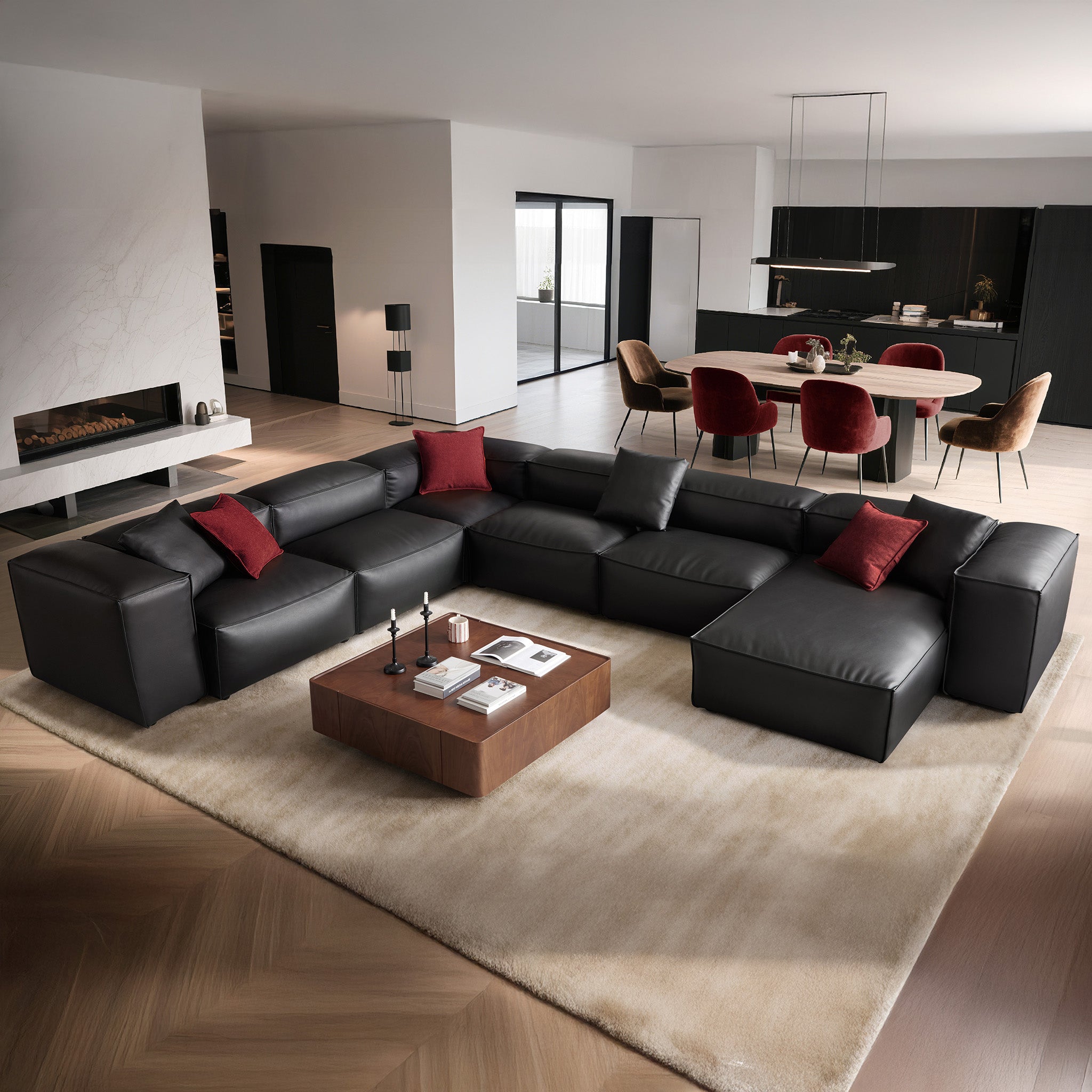 Cube Modular Black Genuine Leather U-Shaped Sectional