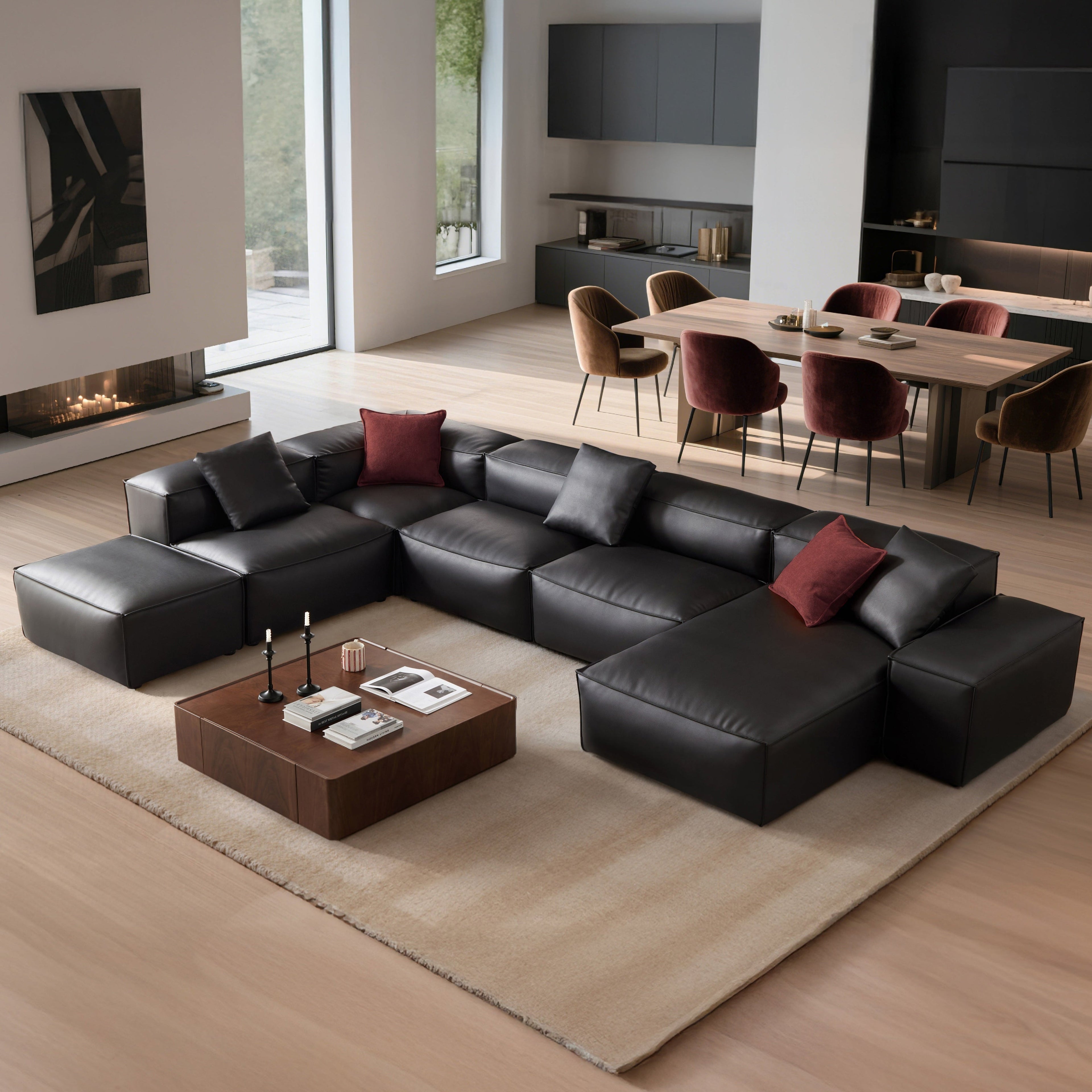 Cube Modular Black Genuine Leather U-Shaped Sectional with Ottoman